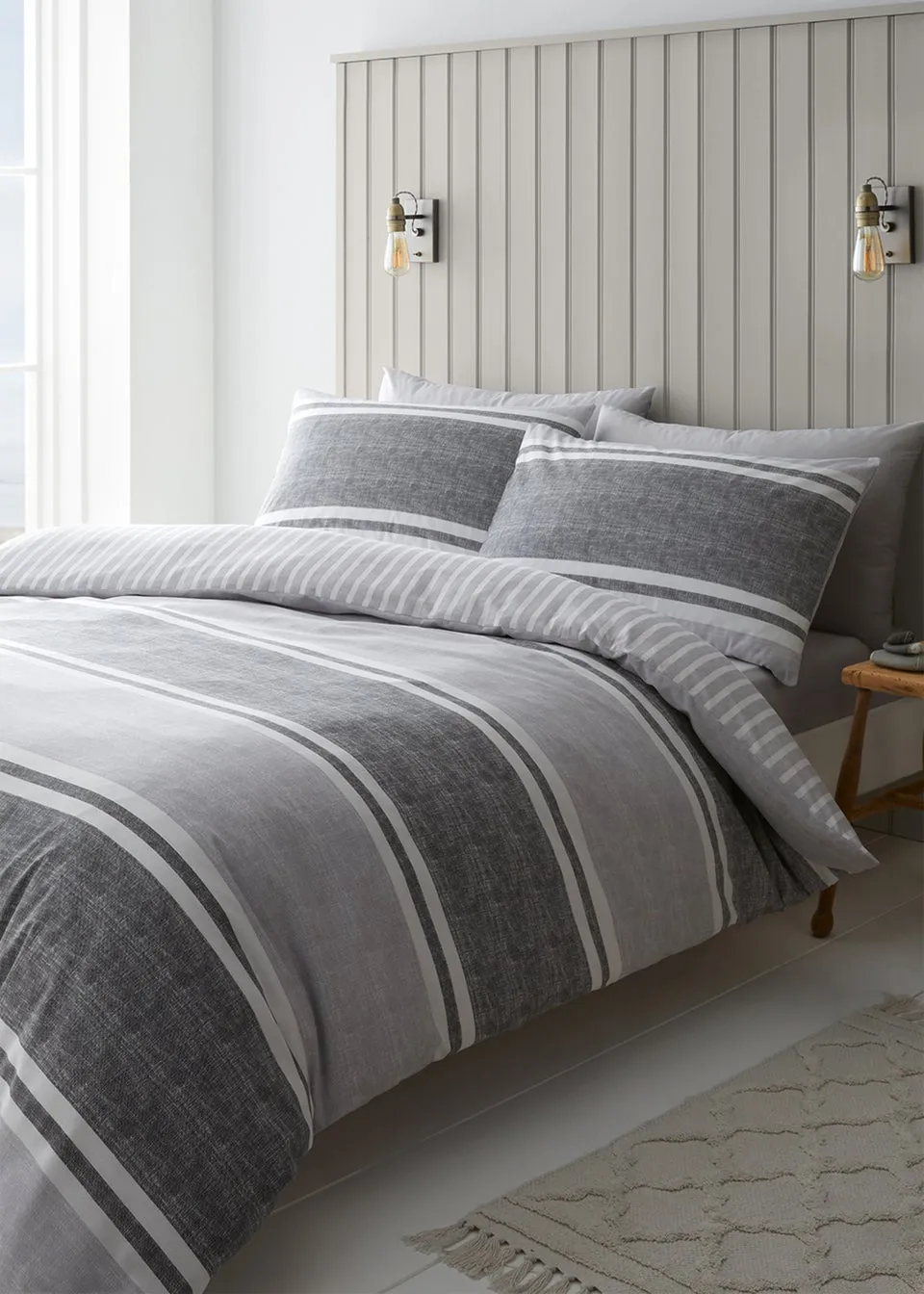 Catherine Lansfield Textured Banded Stripe Reversible Duvet Cover Set Charcoal Grey