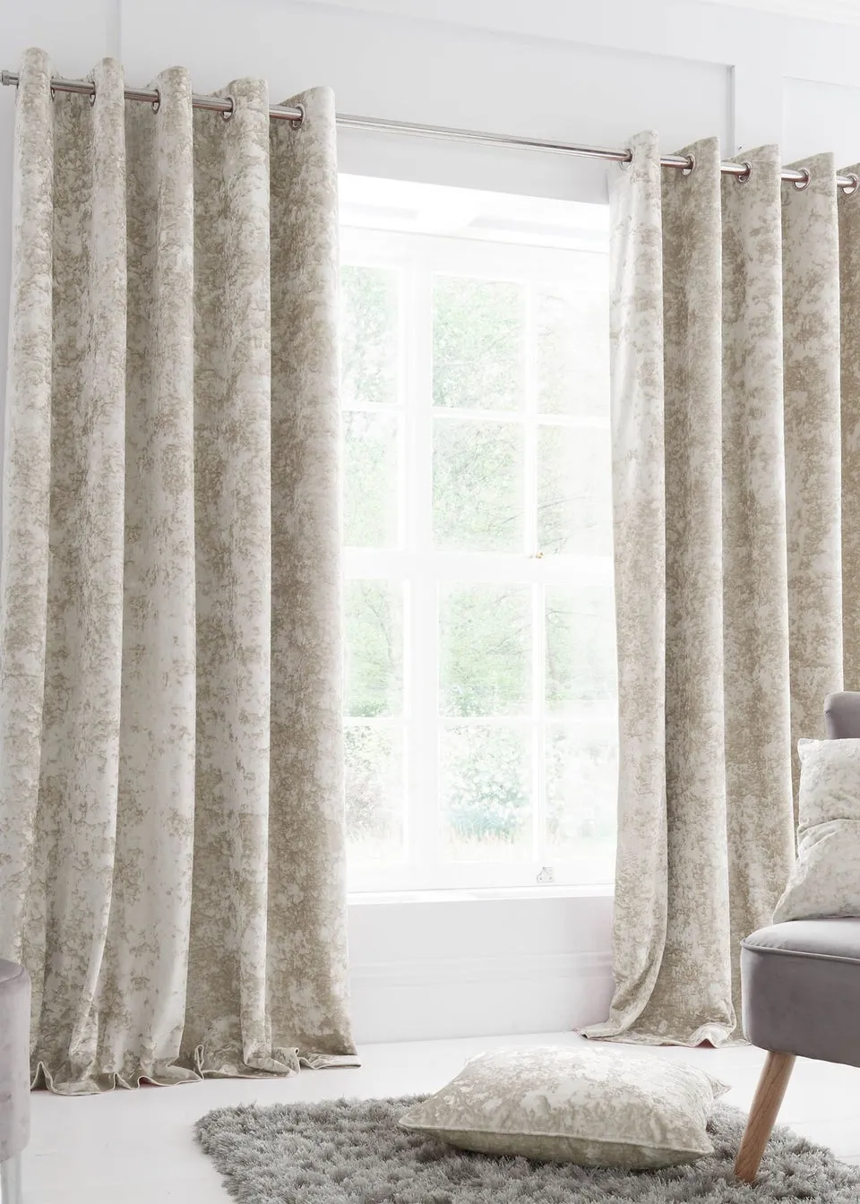 Catherine Lansfield Crushed Velvet Lined Eyelet Curtains Natural