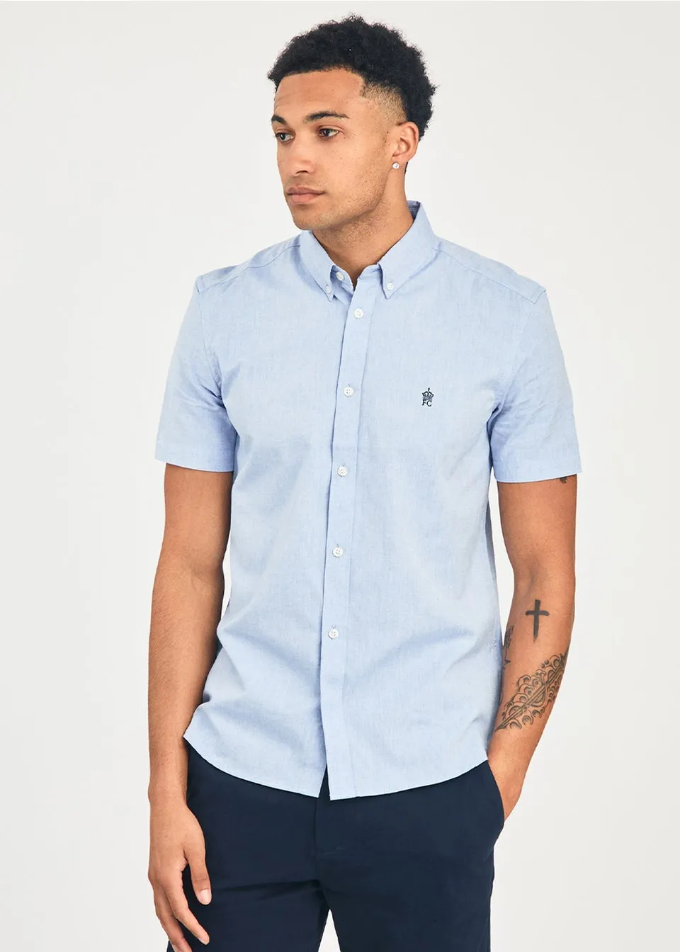 French Connection Blue Cotton Short Sleeve Oxford Shirt