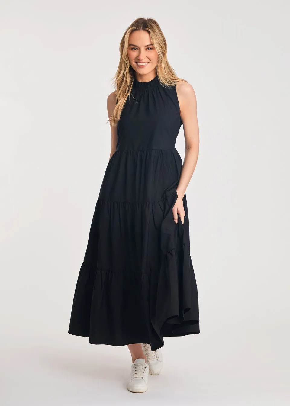 French Connection Black Cotton Blend Sleeveless Poplin Tiered Midi Dress