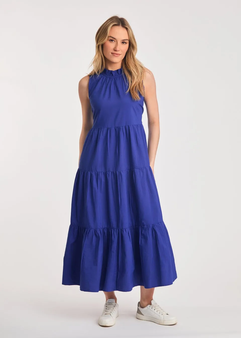 French Connection Blue Cotton Blend Sleeveless Poplin Tiered Midi Dress