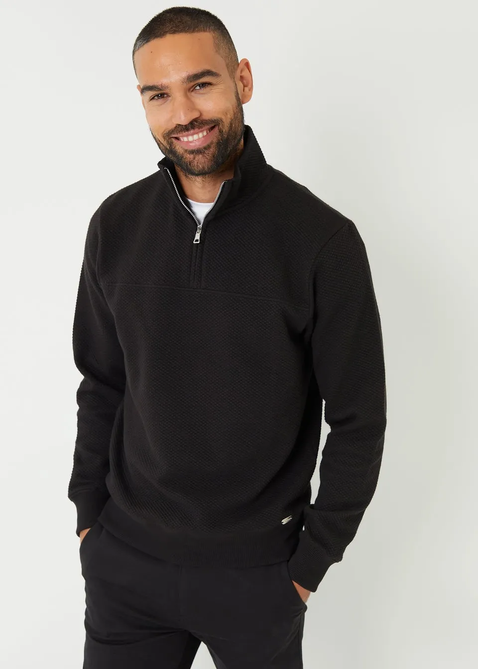 Threadbare Black Textured Quarter Zip Sweatshirt