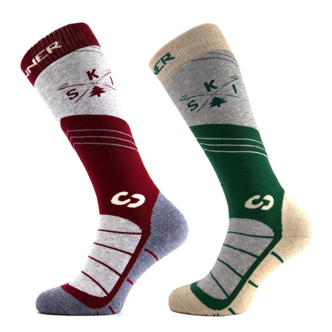 Ski Socks Sinner Mens Mountain Ski Double Pack Burgundy/ Green
