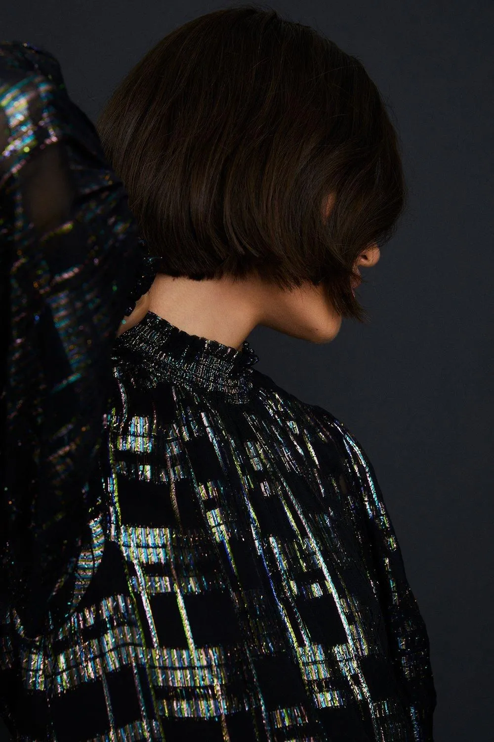 Metallic Check Shirred High Neck Blouse