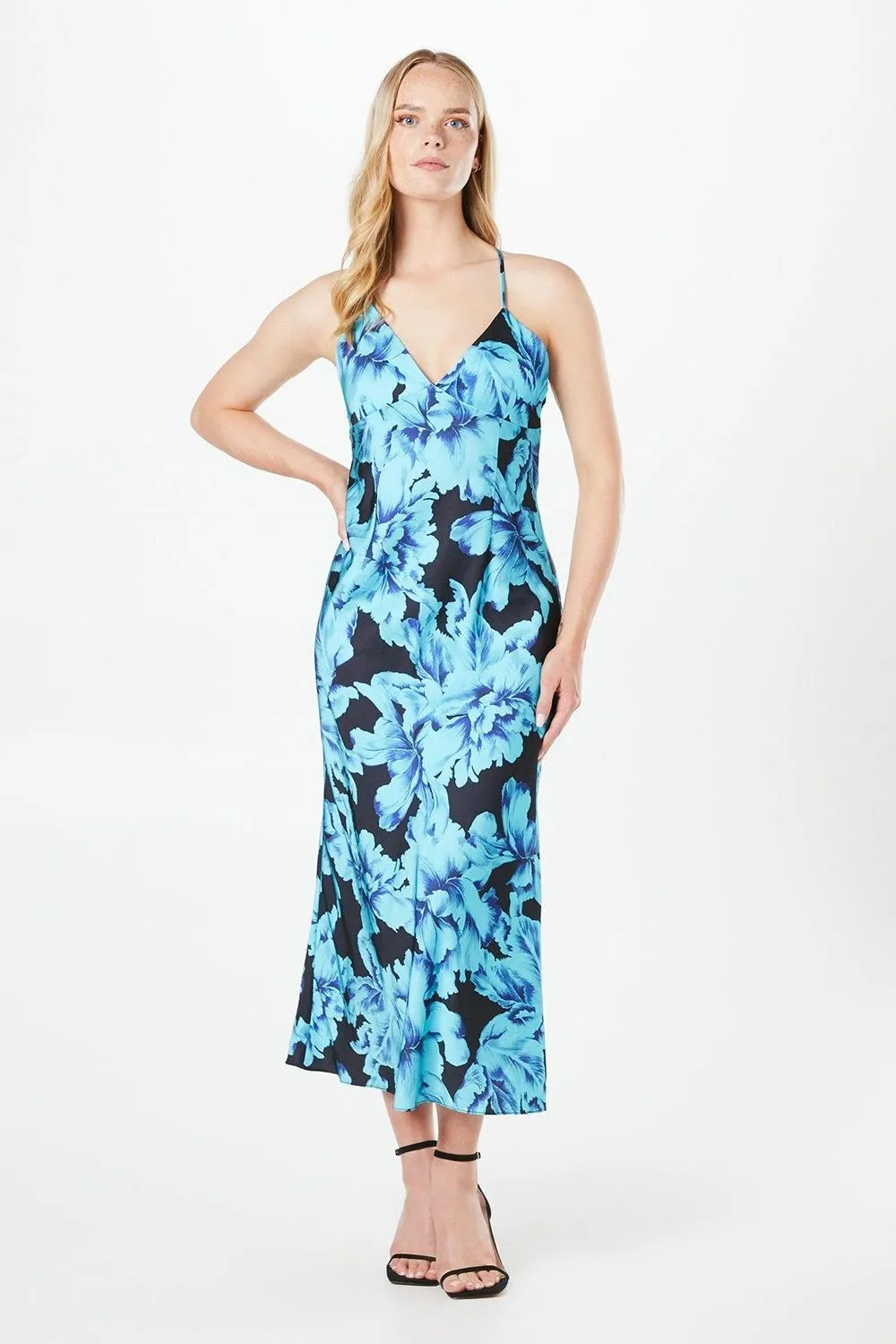 Occasion Feather Print Satin Strappy Midaxi Dress