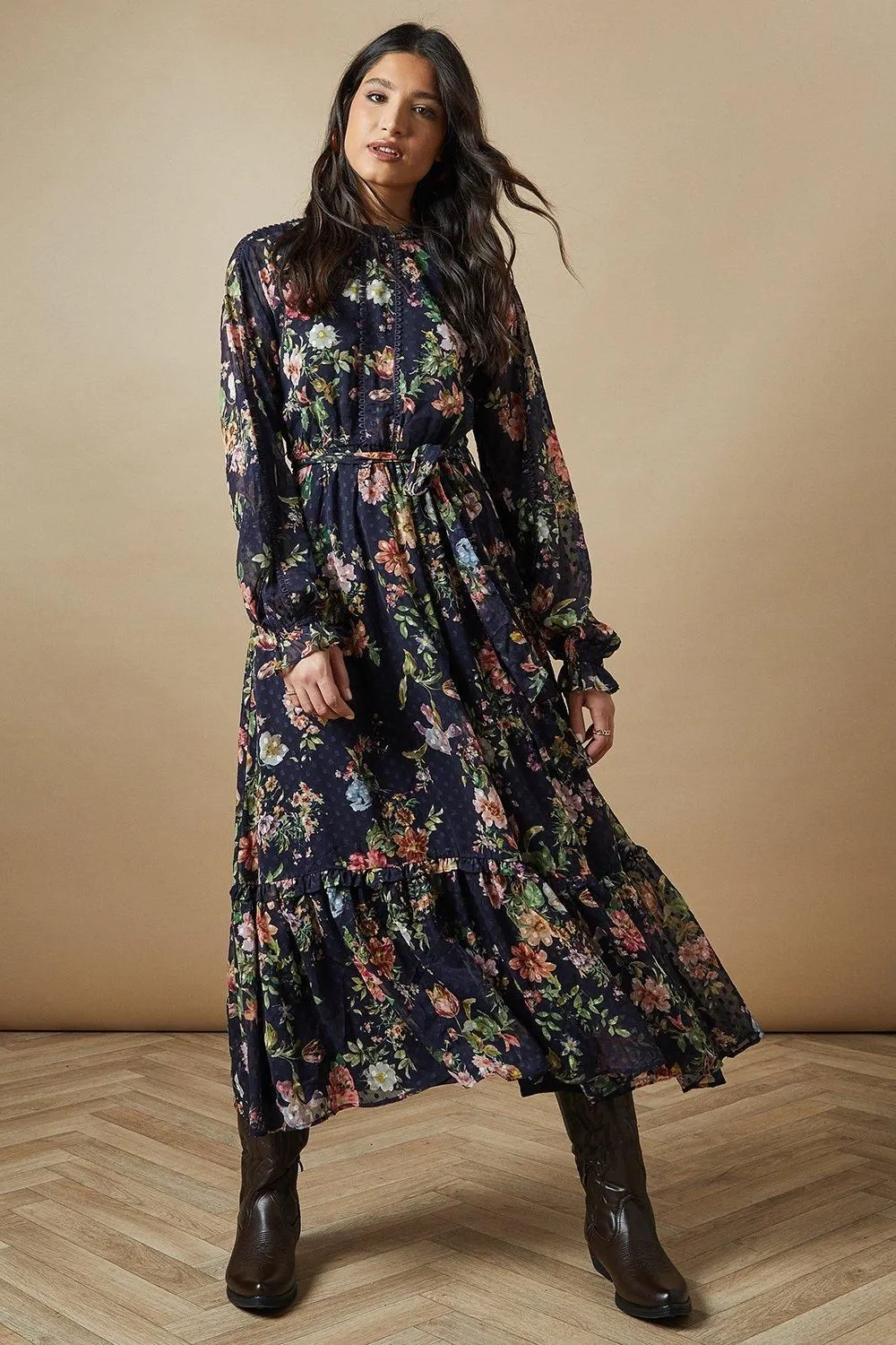 Navy Floral Dobby Chiffon Trim Belted Midi Dress
