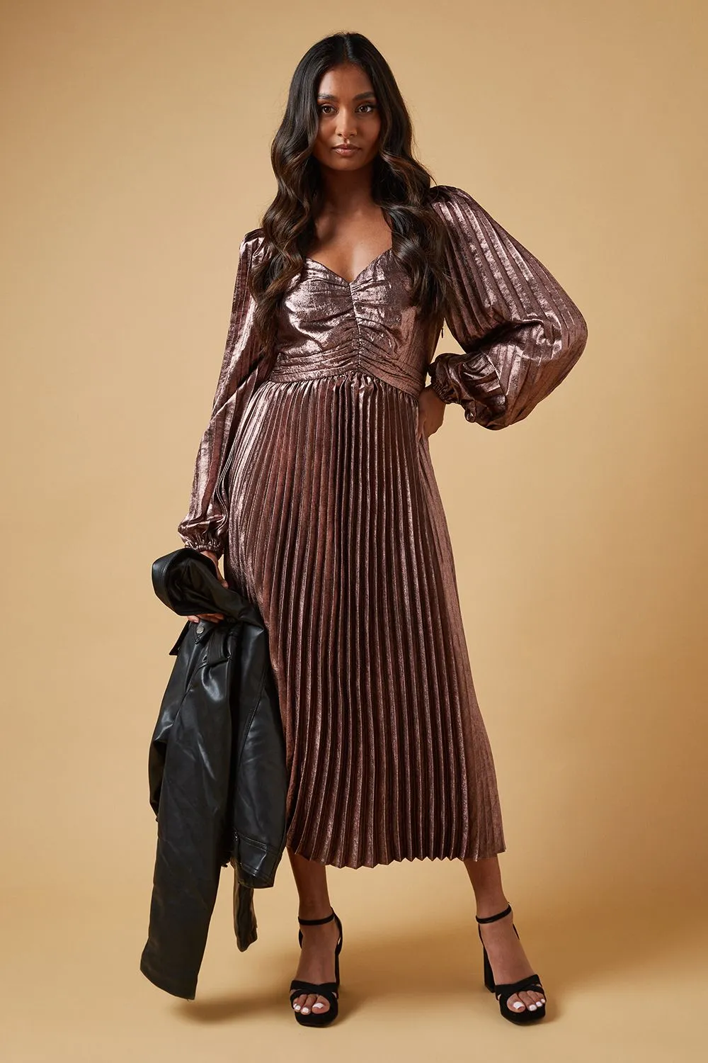 Occasion Pleated Metallic Midi Dress