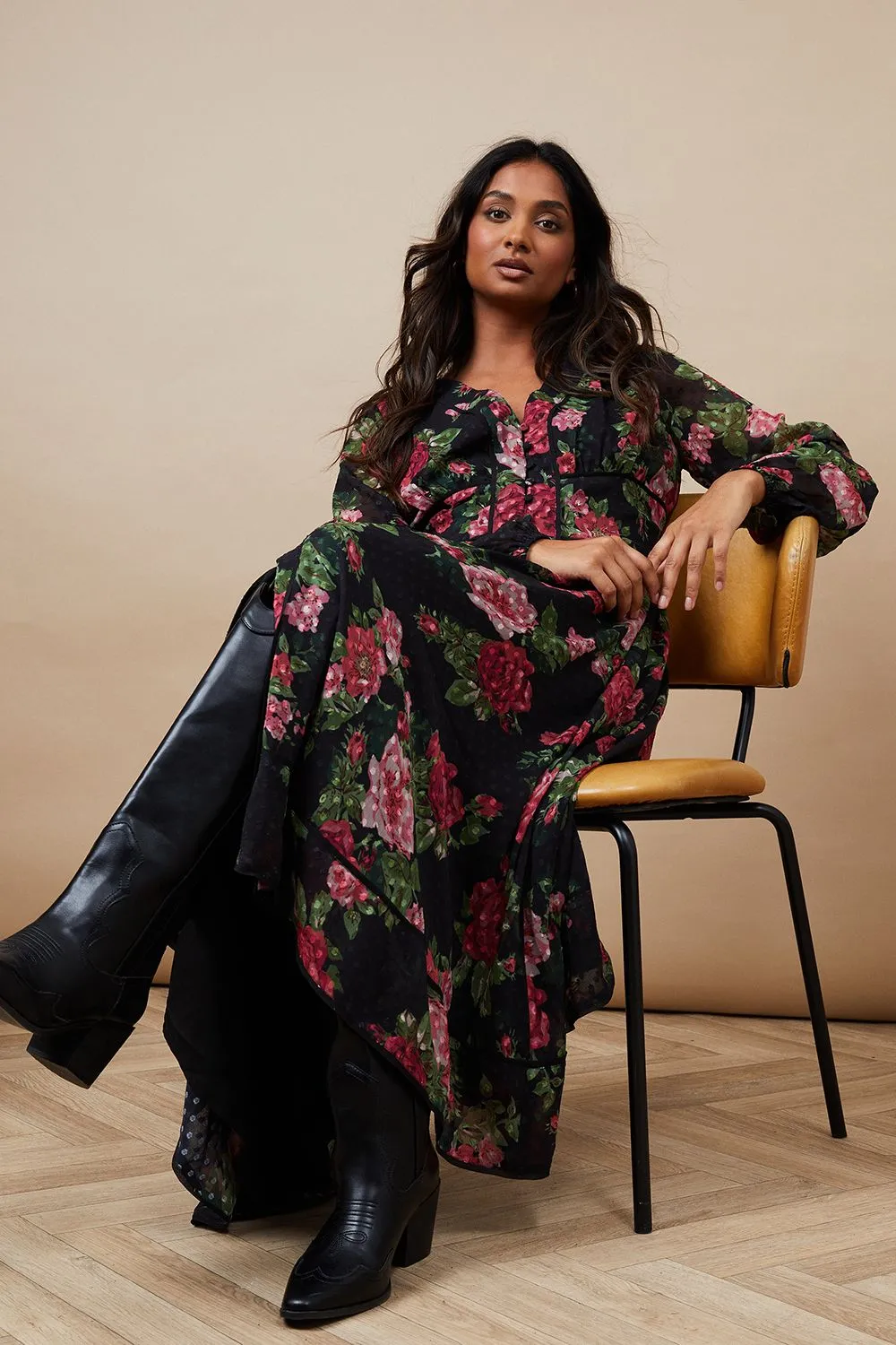 Floral Dobby Chiffon Contrast Detail Button Through Midi Dress