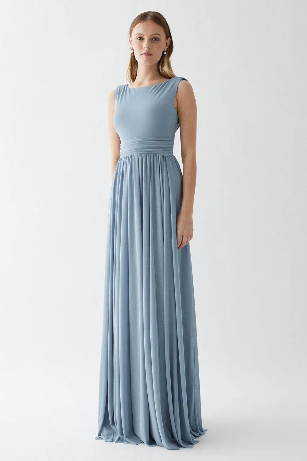 Cowl Back Stretch Mesh Full Skirted Bridesmaid Maxi Dress