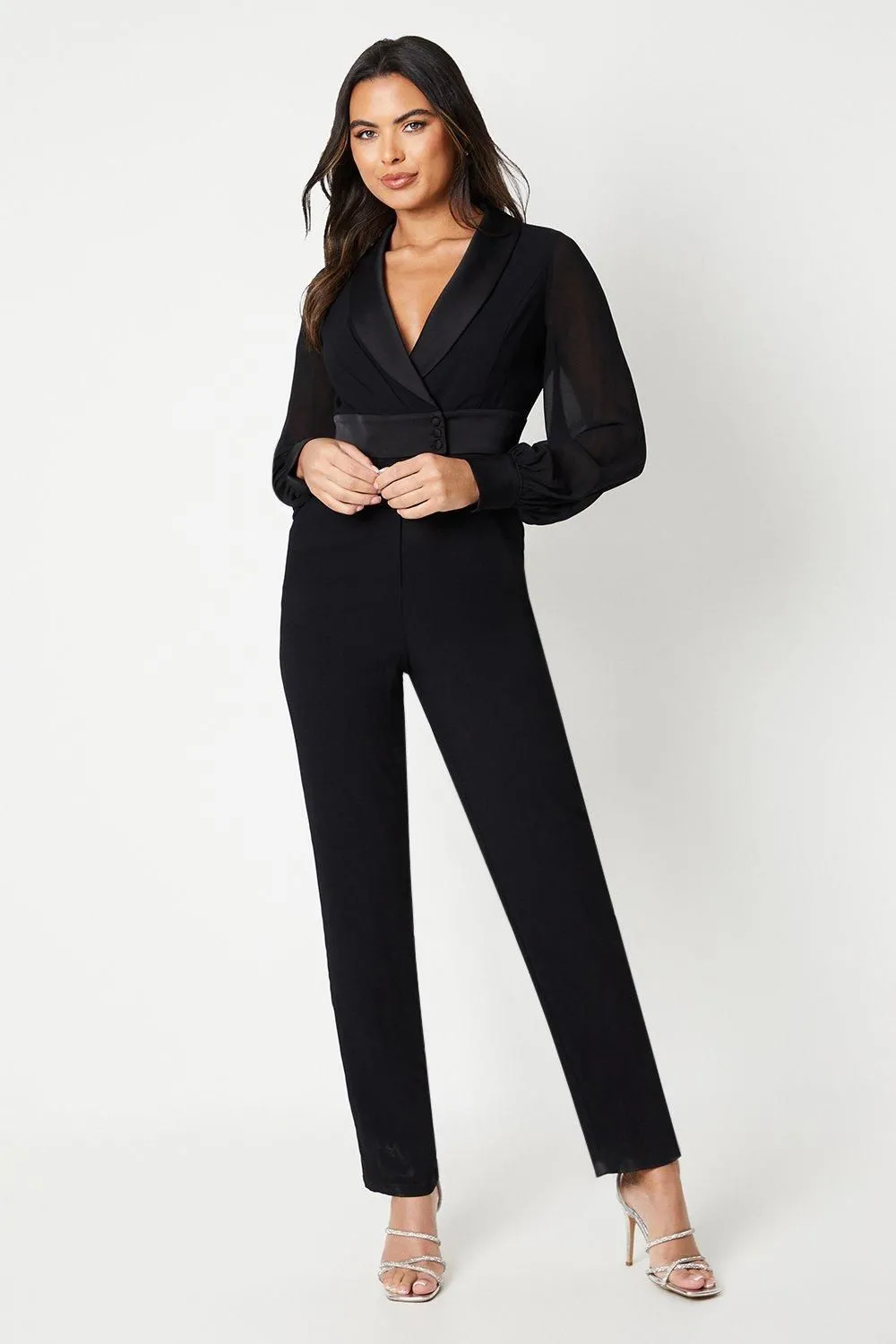 Chiffon Sleeve Wrap Front Tuxedo Jumpsuit