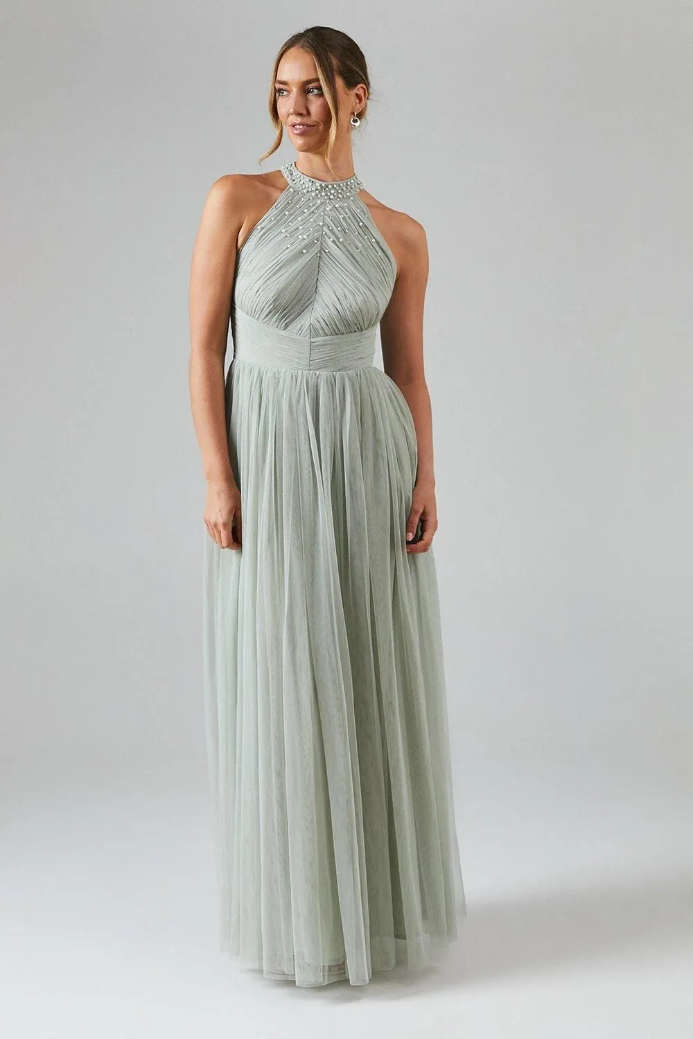 Mesh Halterneck Bridesmaid Maxi Dress