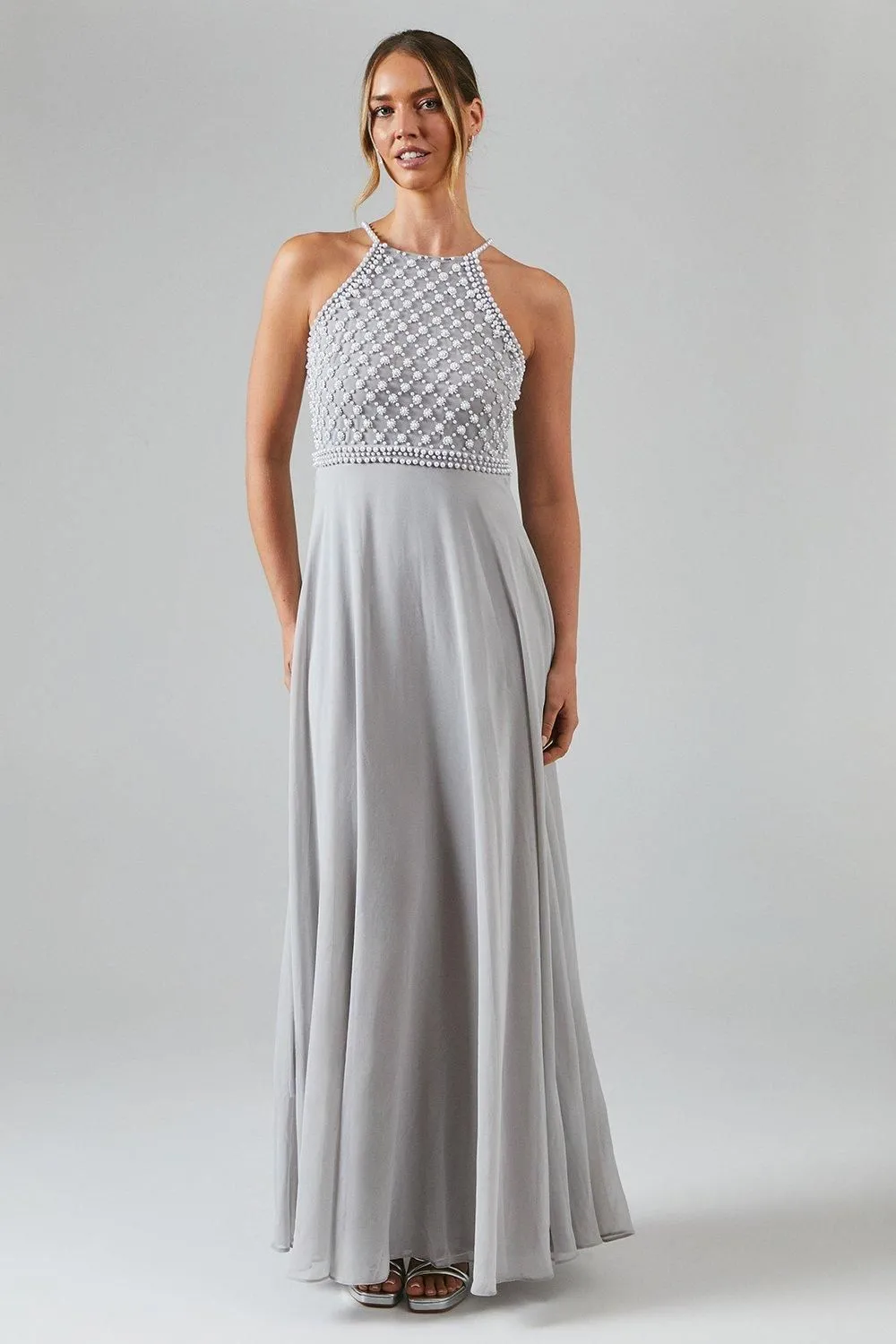 Halterneck Pearl Embellished Georgette Bridesmaid Maxi Dress