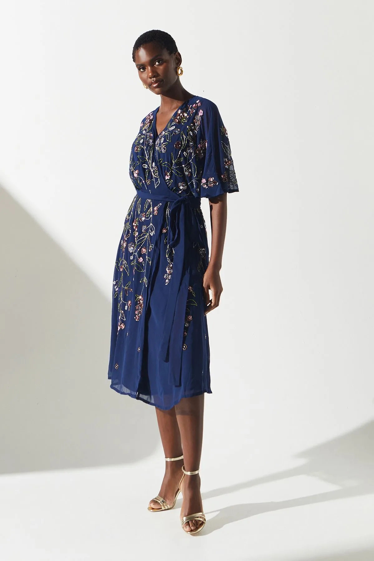 Sequin Embellished Trailing Floral Wrap Wedding Guest Dress