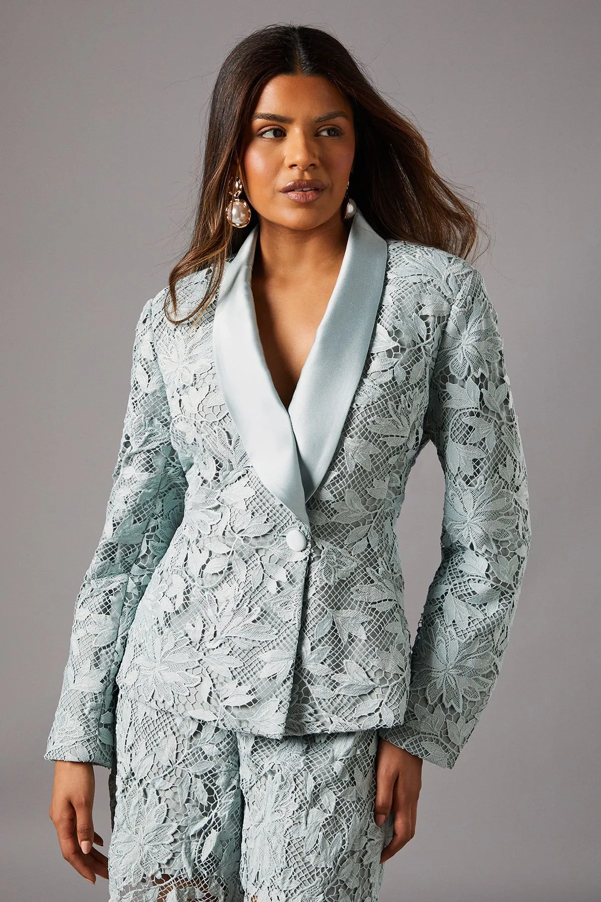Petite Lace Double Breasted Blazer With Satin Lapel