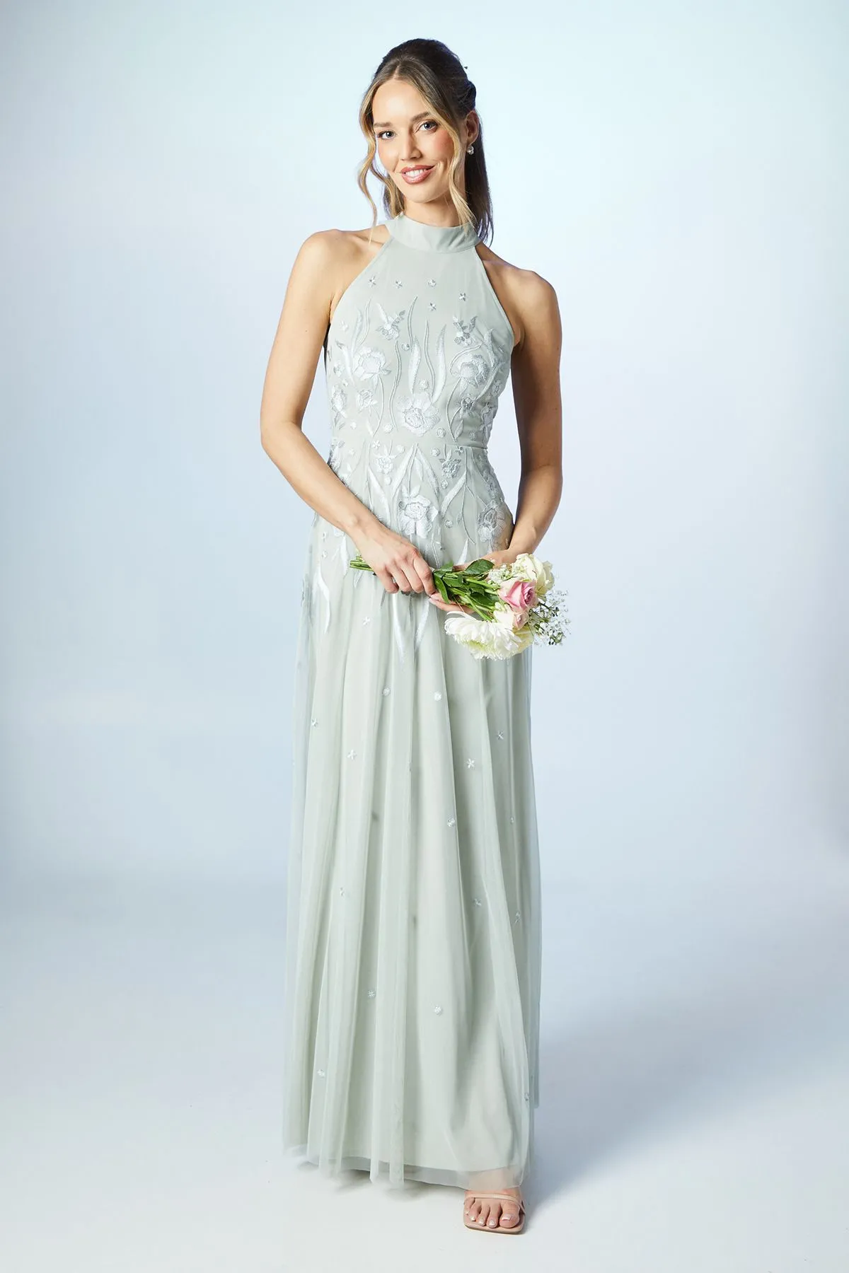 Embroidered Halter Neck Maxi Bridesmaid Dress