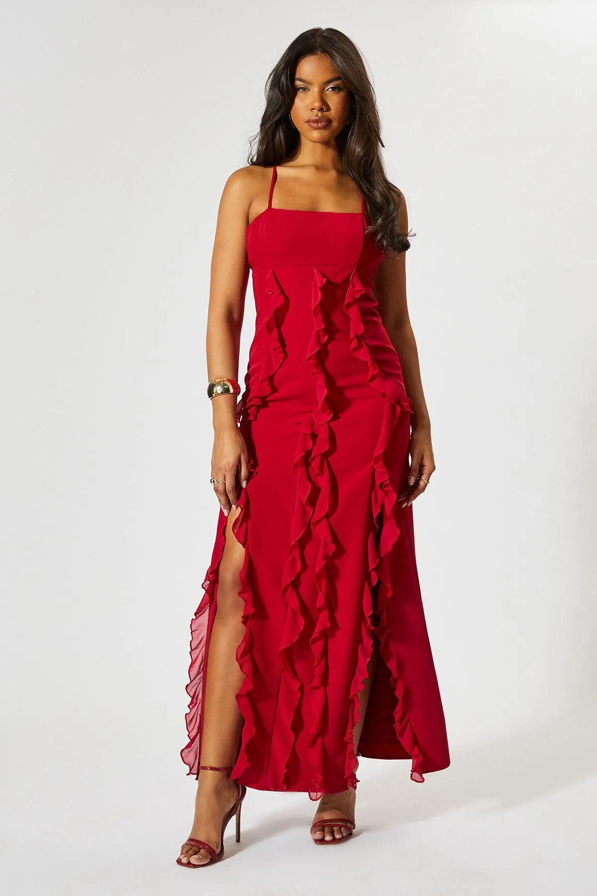 Square Neck Frill Low Back Maxi Dress