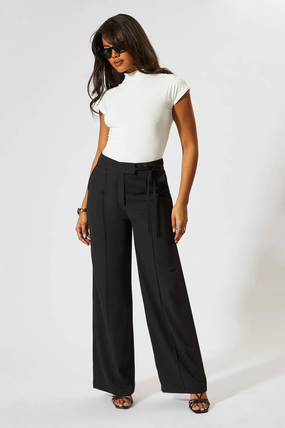 Wide Leg Tie Side Tailored Trousers