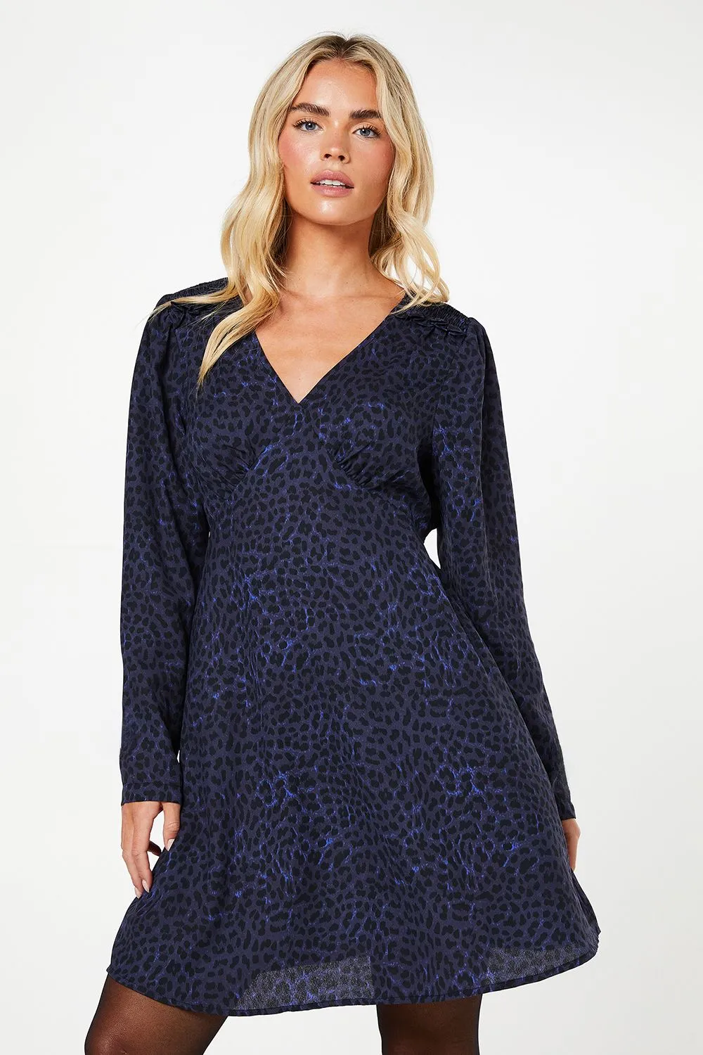 Petite Blue Animal Shirred Shoulder Empire Long Sleeve Mini Dress
