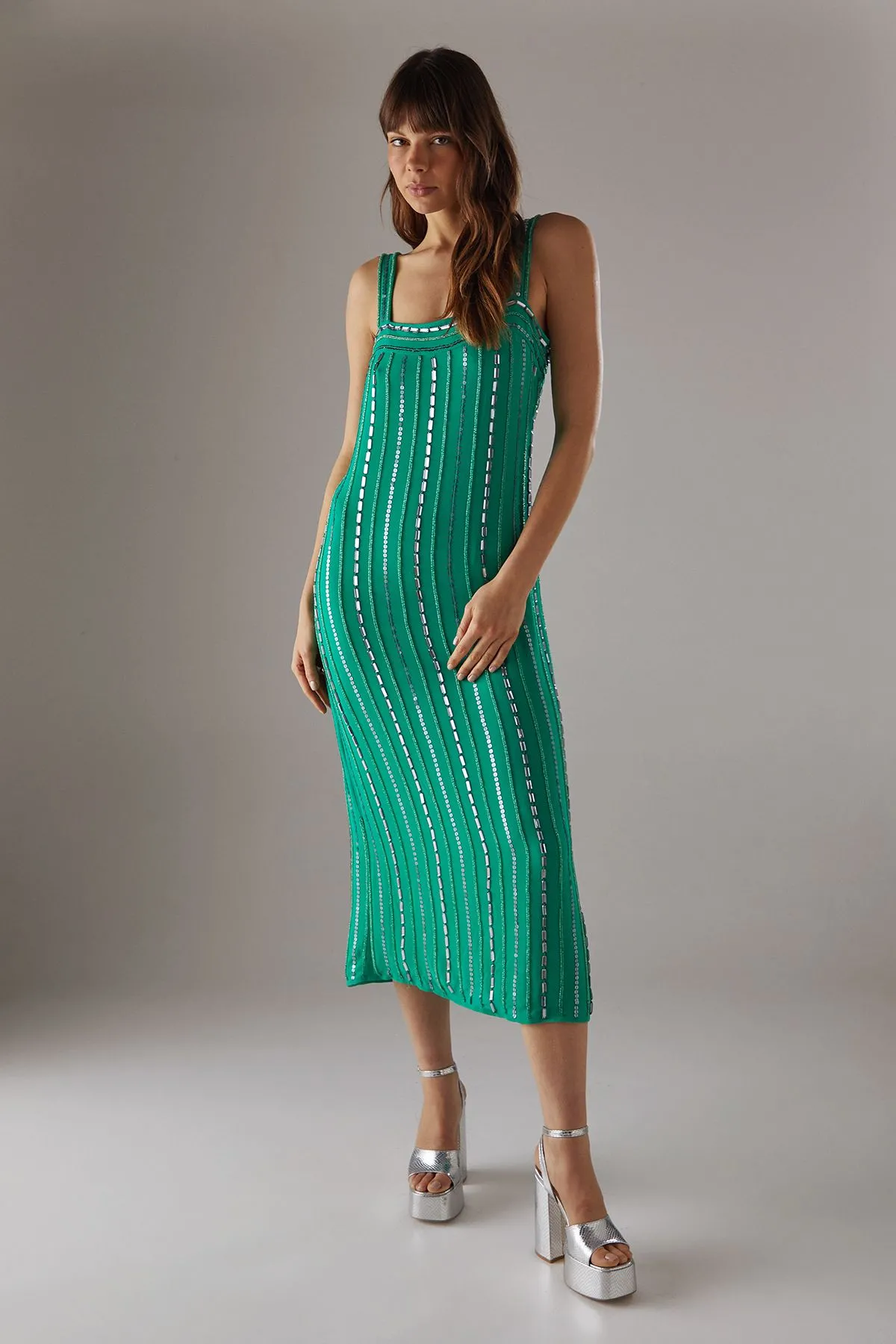 Hand Embellished Sequin Square Neck Strappy Midi Dress