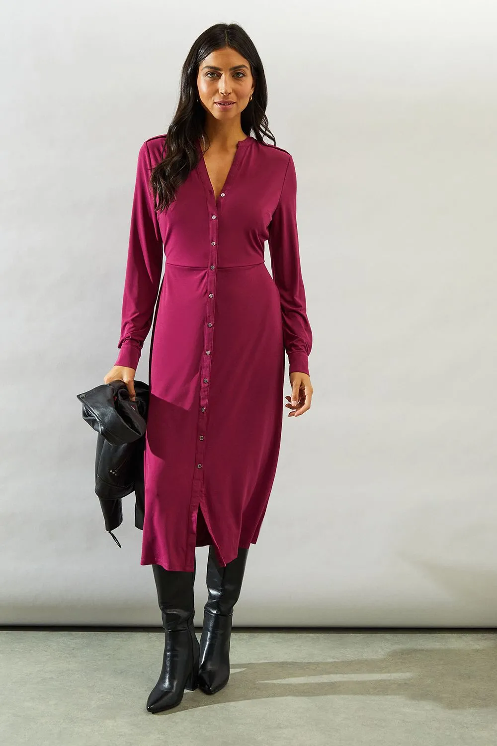 Jersey Collarless Belted Midi Dress