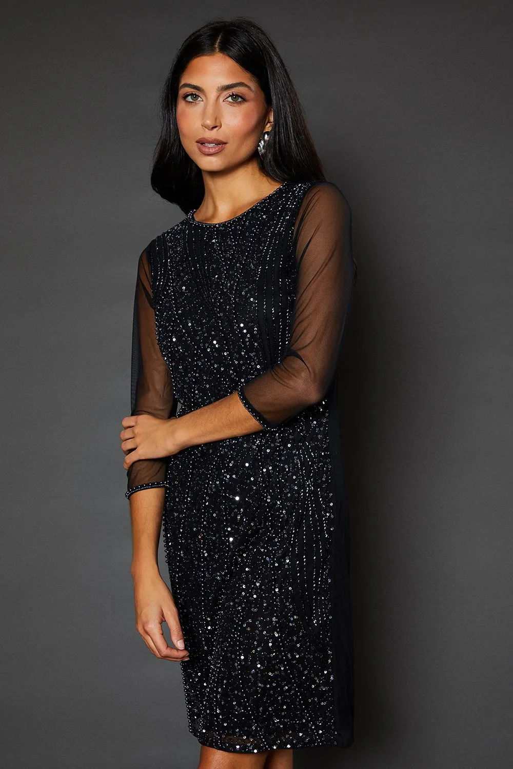 Occasion Hand Embellished Sequin Mesh Shift Dress