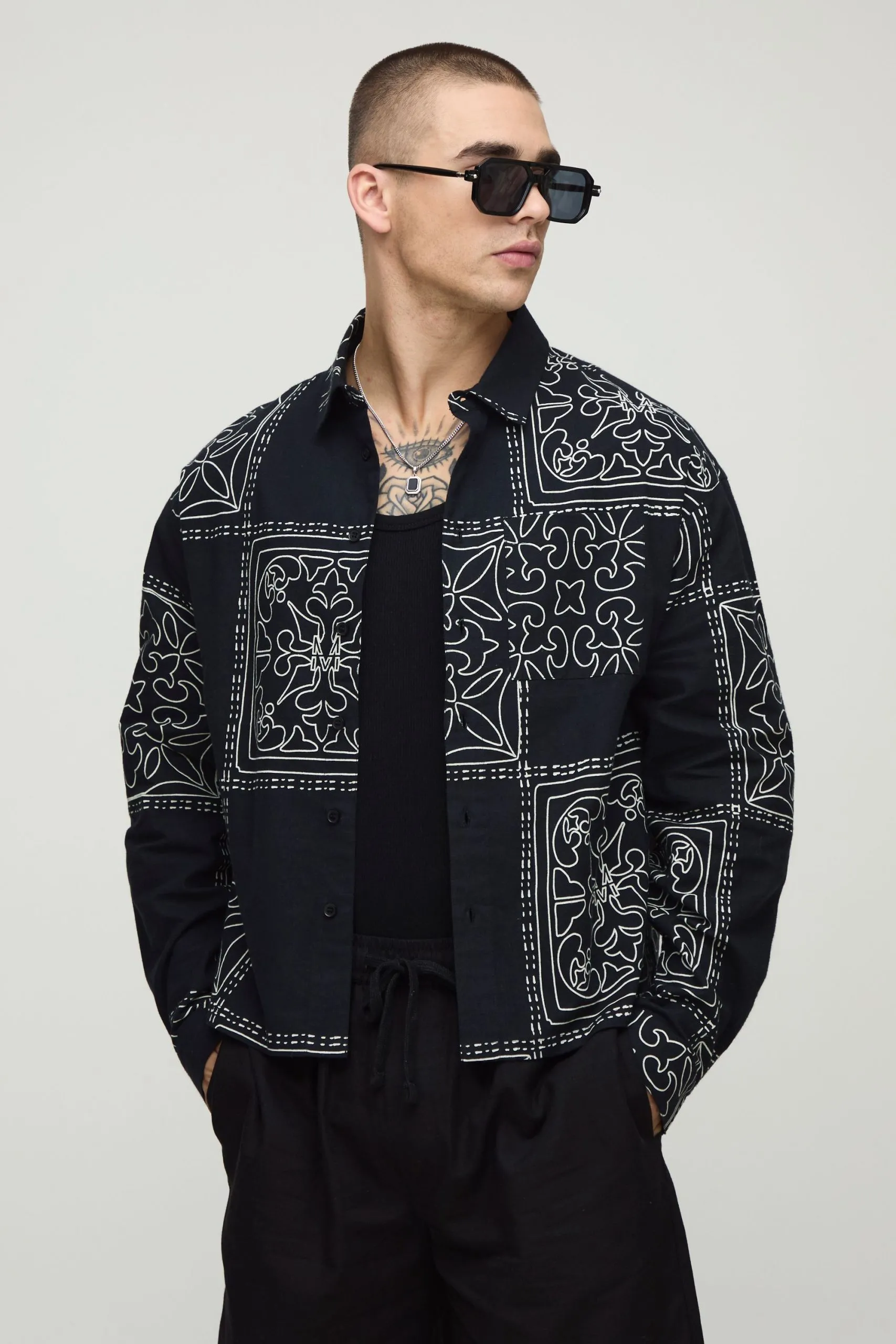 Oversized Boxy Linen Look Printed Collared Shirt