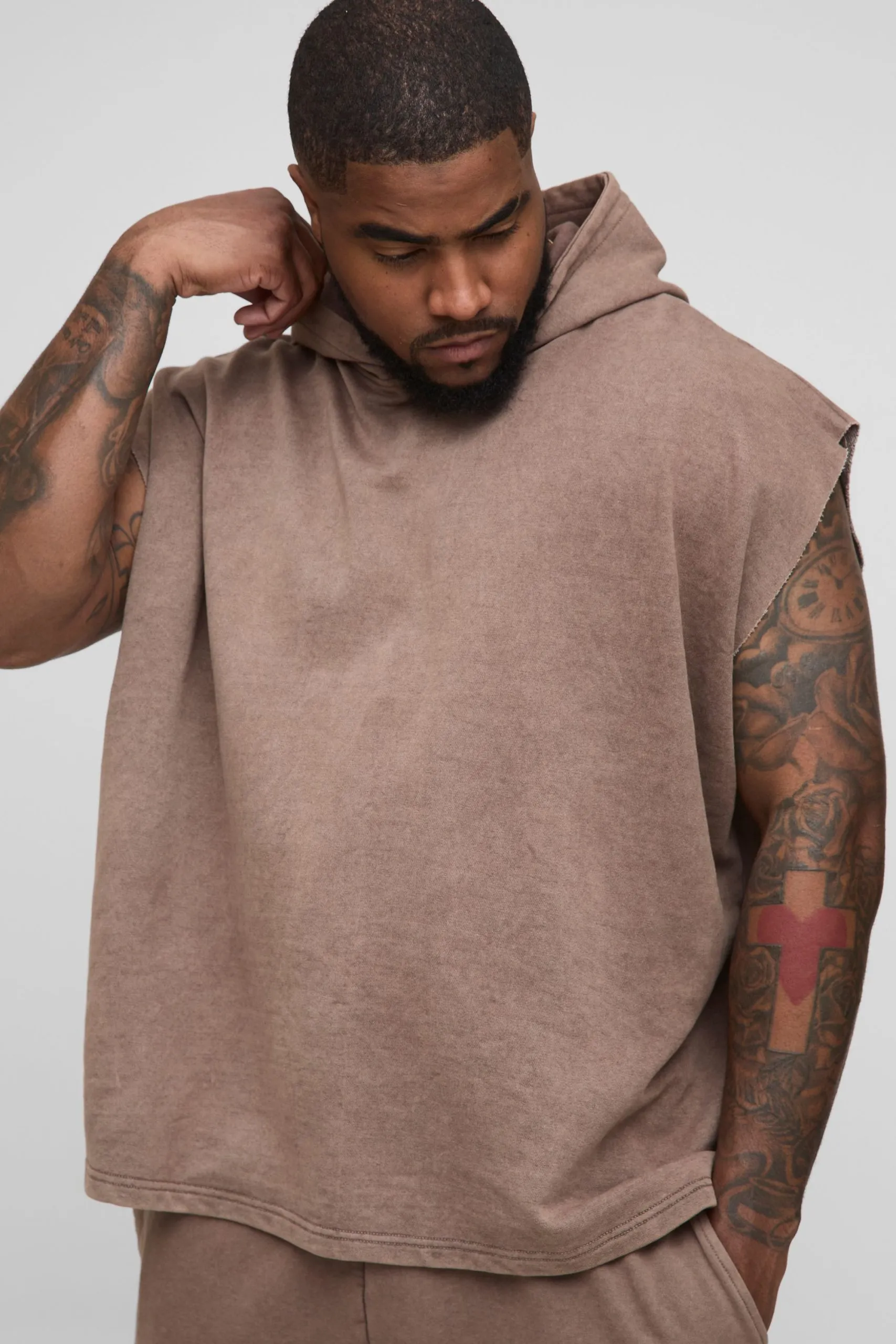 Plus Oversized Boxy Sleeveless Acid Wash Hoodie