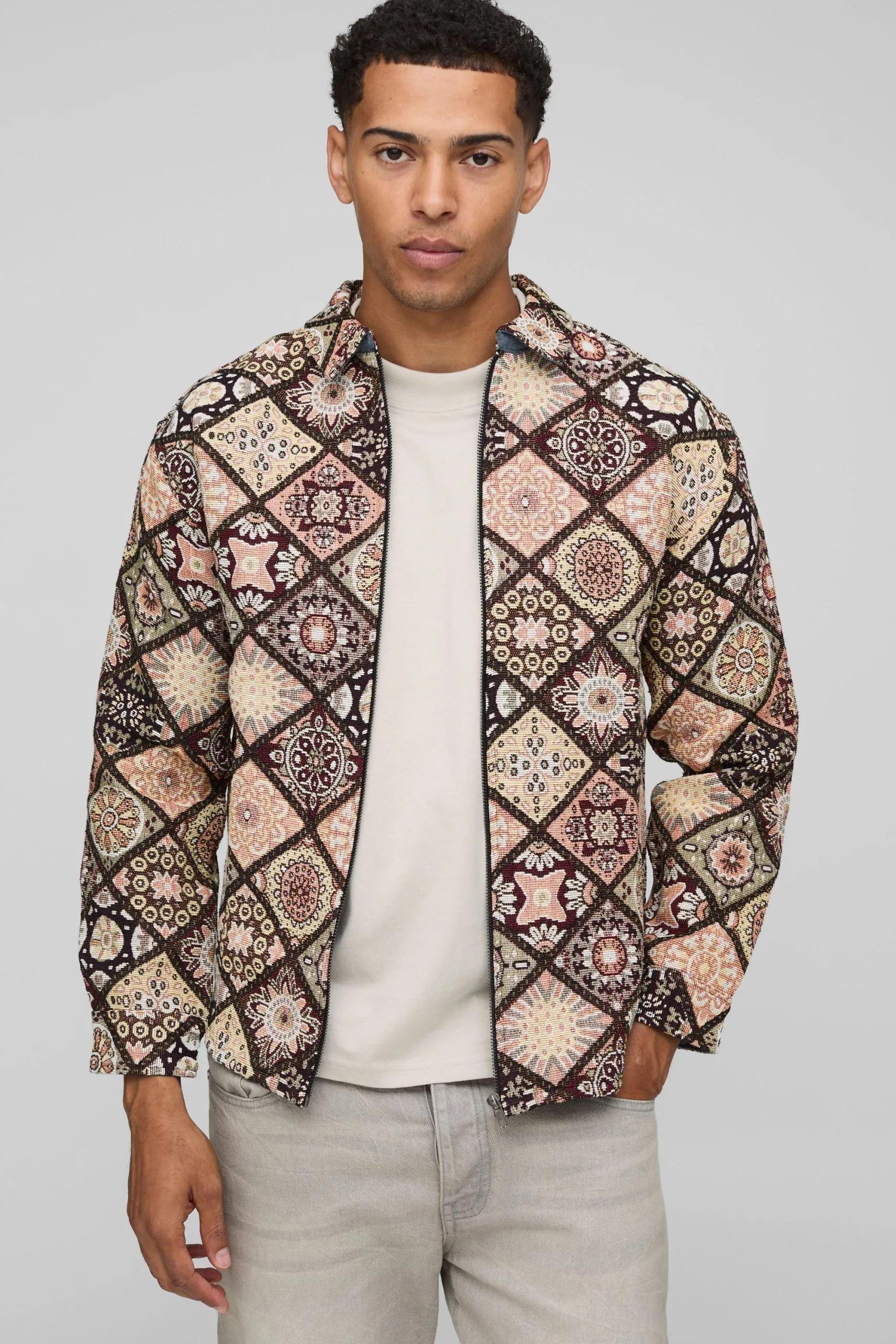 Long Sleeve Zip Through Diamond Tapestry Overshirt