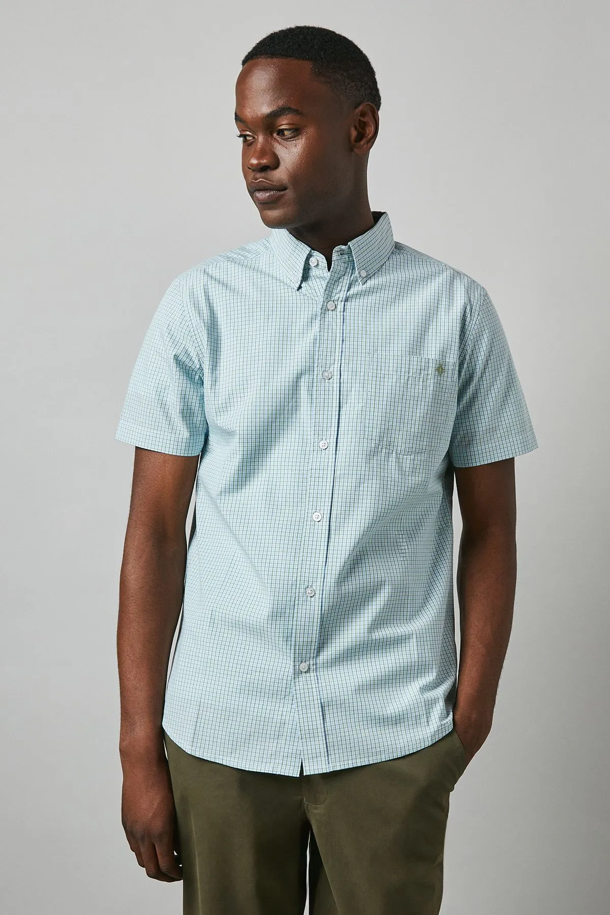 Green Micro Grid Check Short Sleeve Shirt