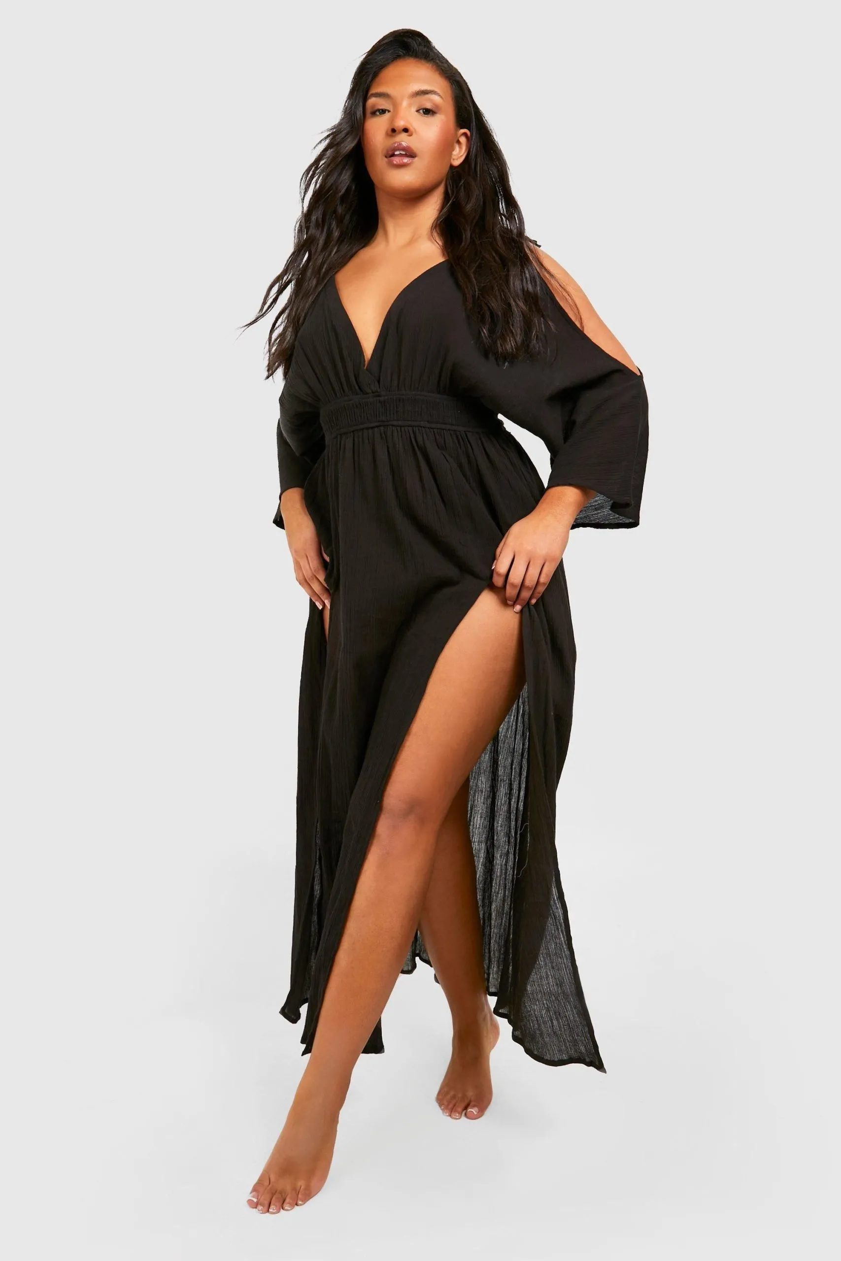 Plus Cheesecloth Cold Shoulder Maxi Beach Dress