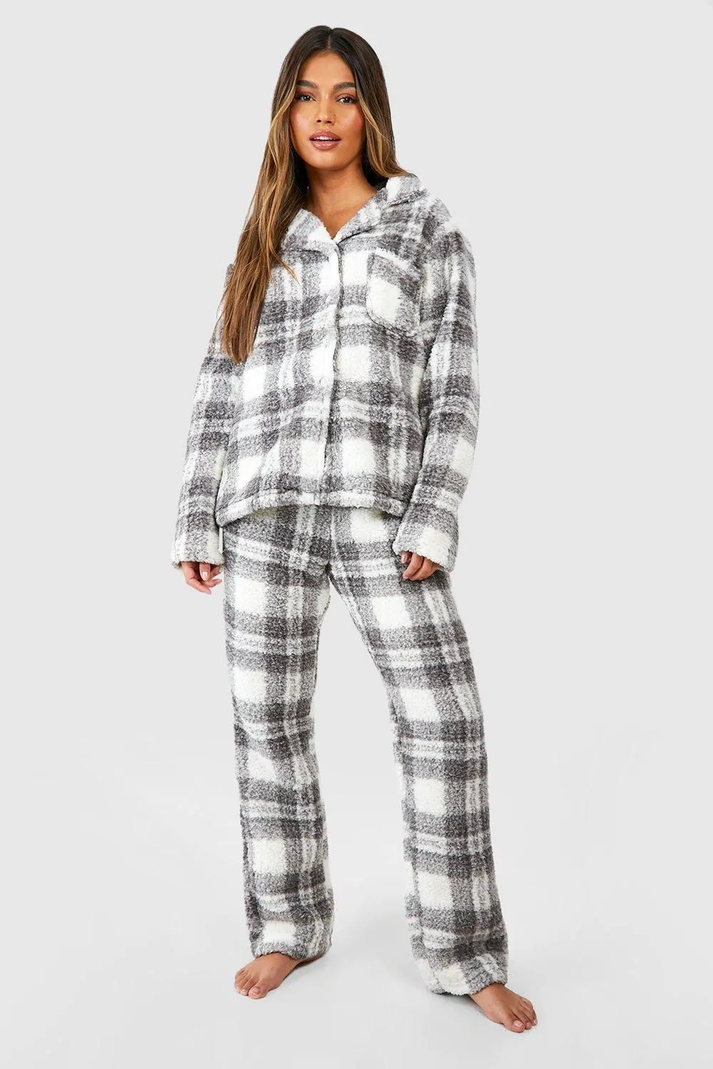 Grey Check Fleece Button Front Trouser Set