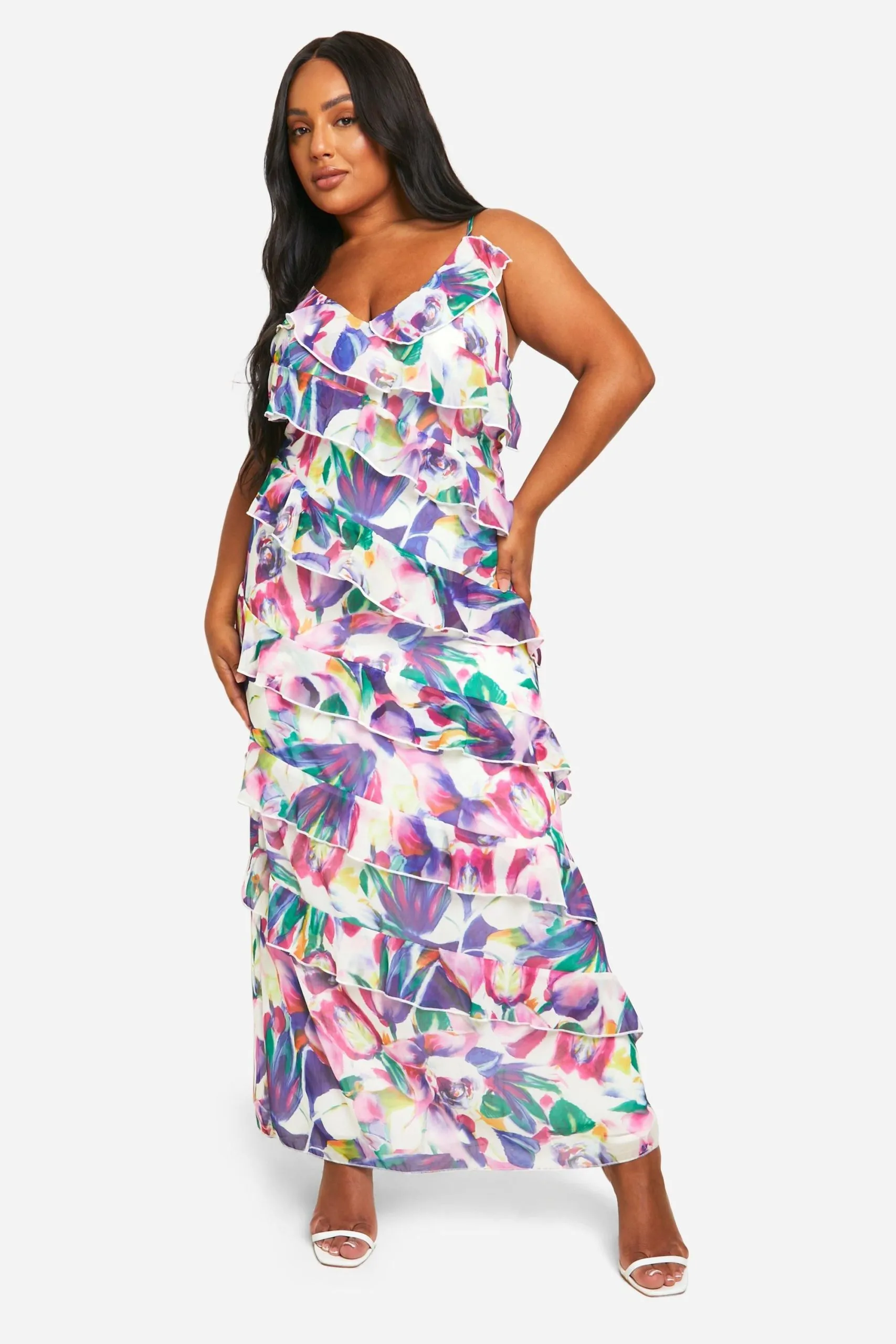 Plus Floral Ruffle Asymmetric Maxi Dress