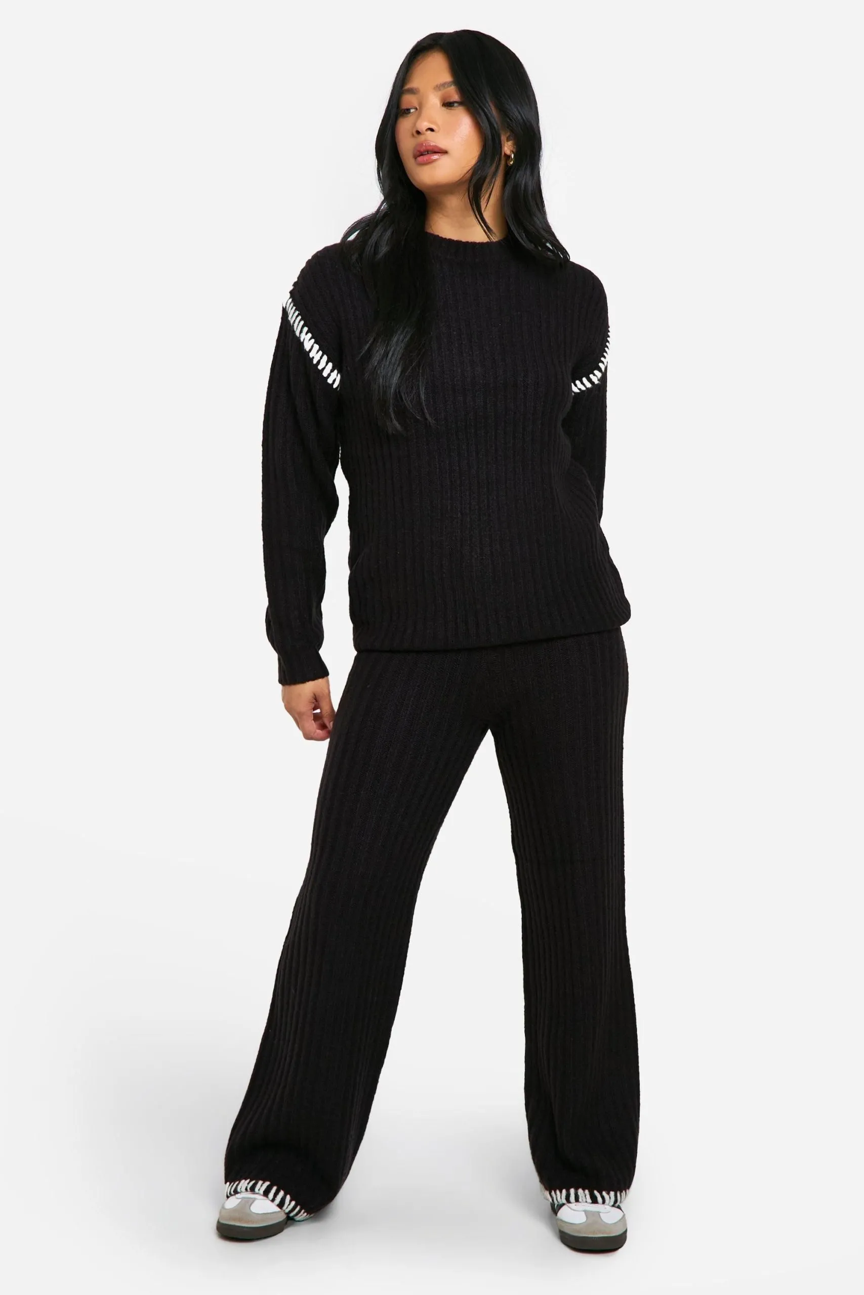 Petite Premium Heavyweight Contrast Trim Jumper And Trouser Knitted Set