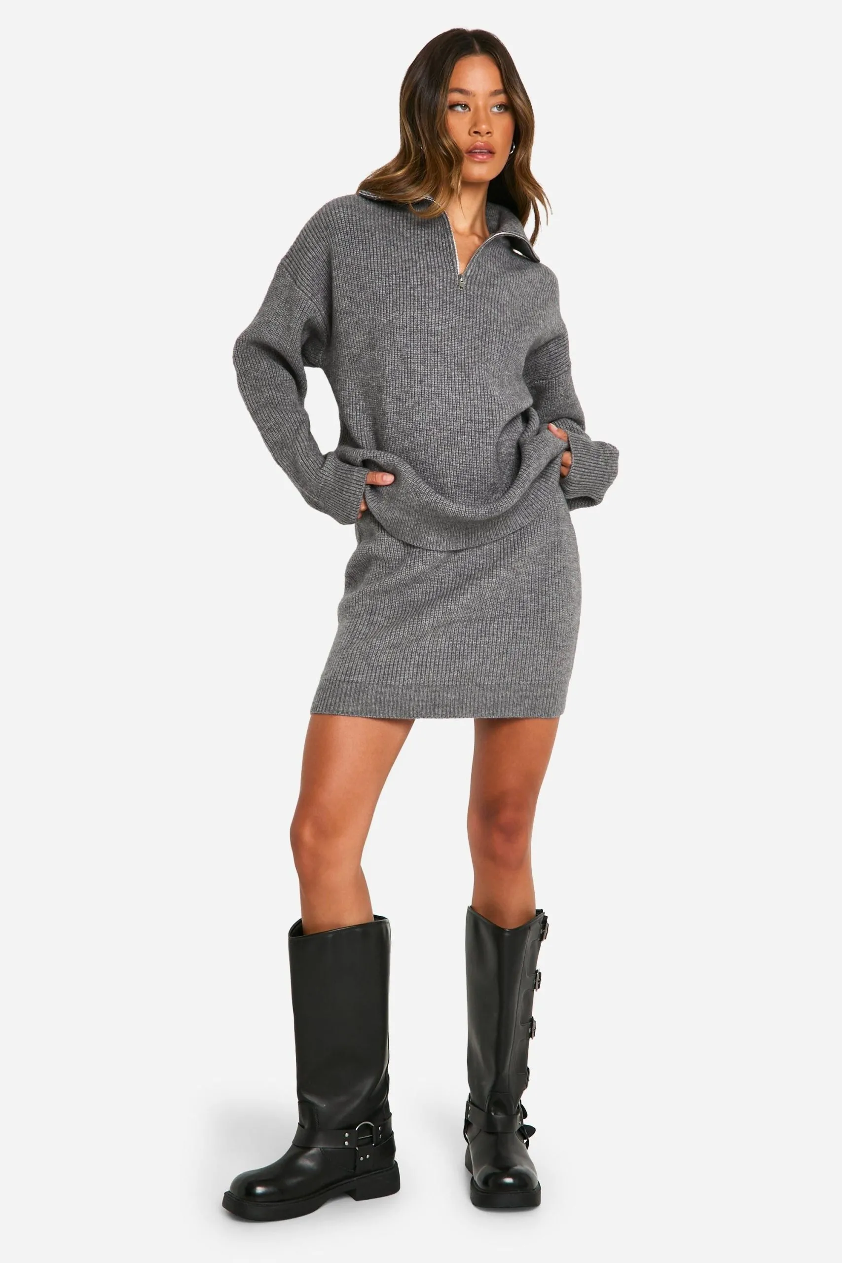 Tall Rib Knit Half Zip Jumper And Mini Skirt Co Ord