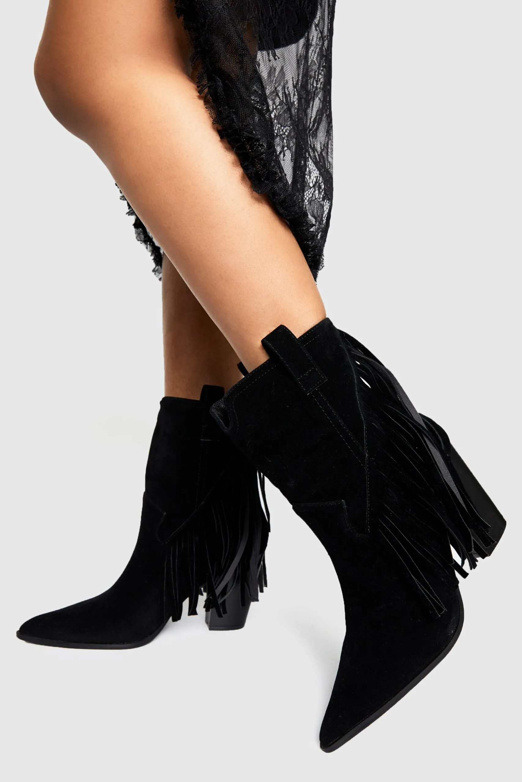 Faux Suede Fringe Tassel Detail Heeled Western Ankle Boots