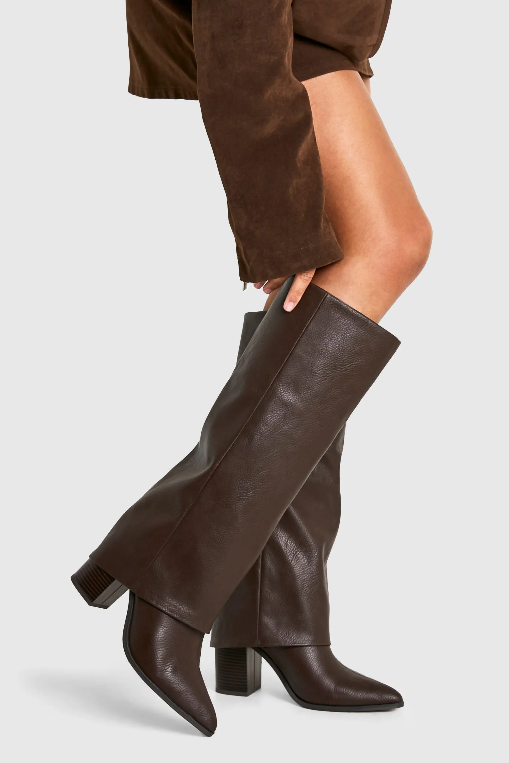Textured Foldover Stacked Heel Knee High Boots