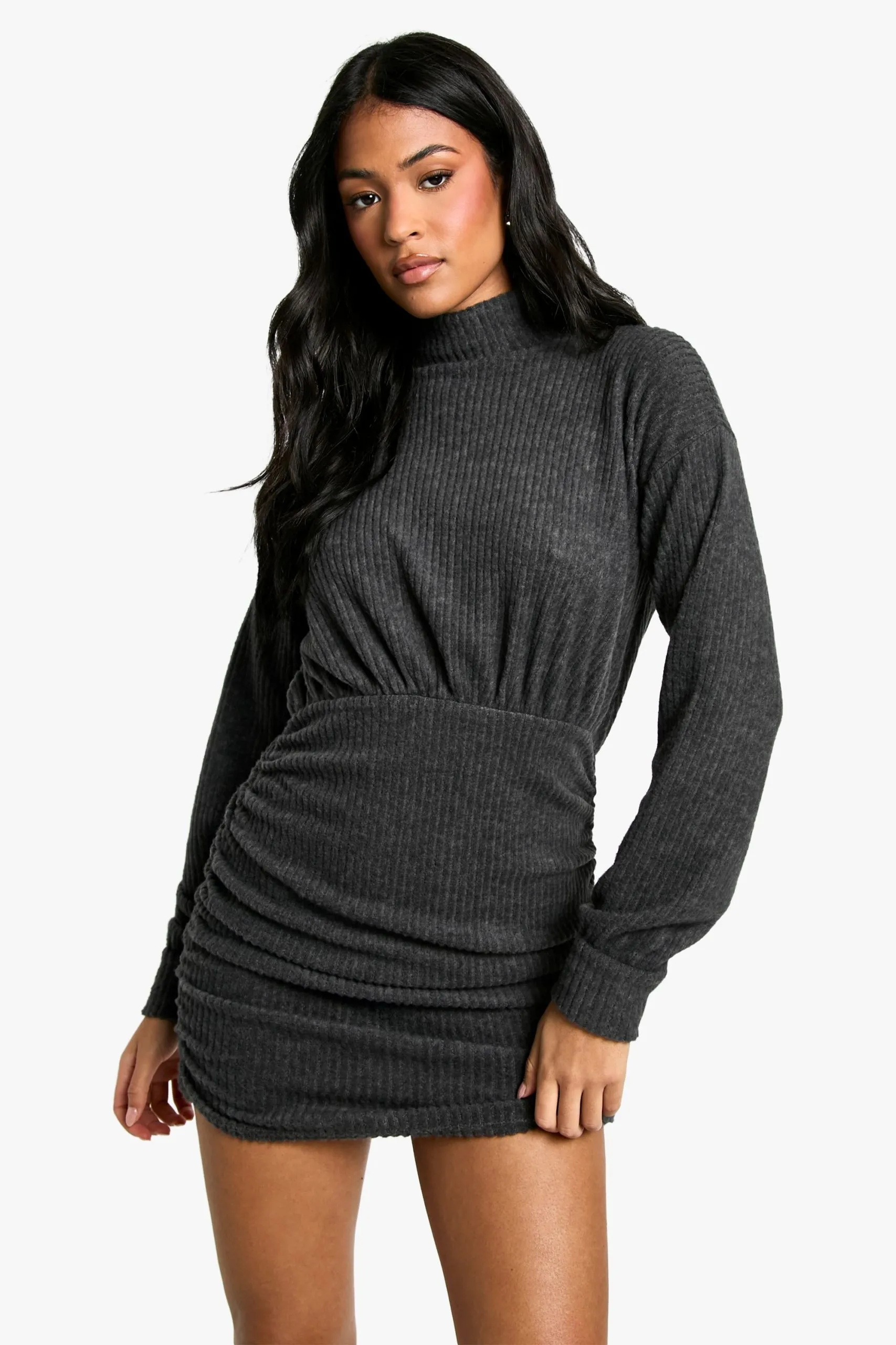 Tall High Neck Soft Rib Ruched Mini Dress
