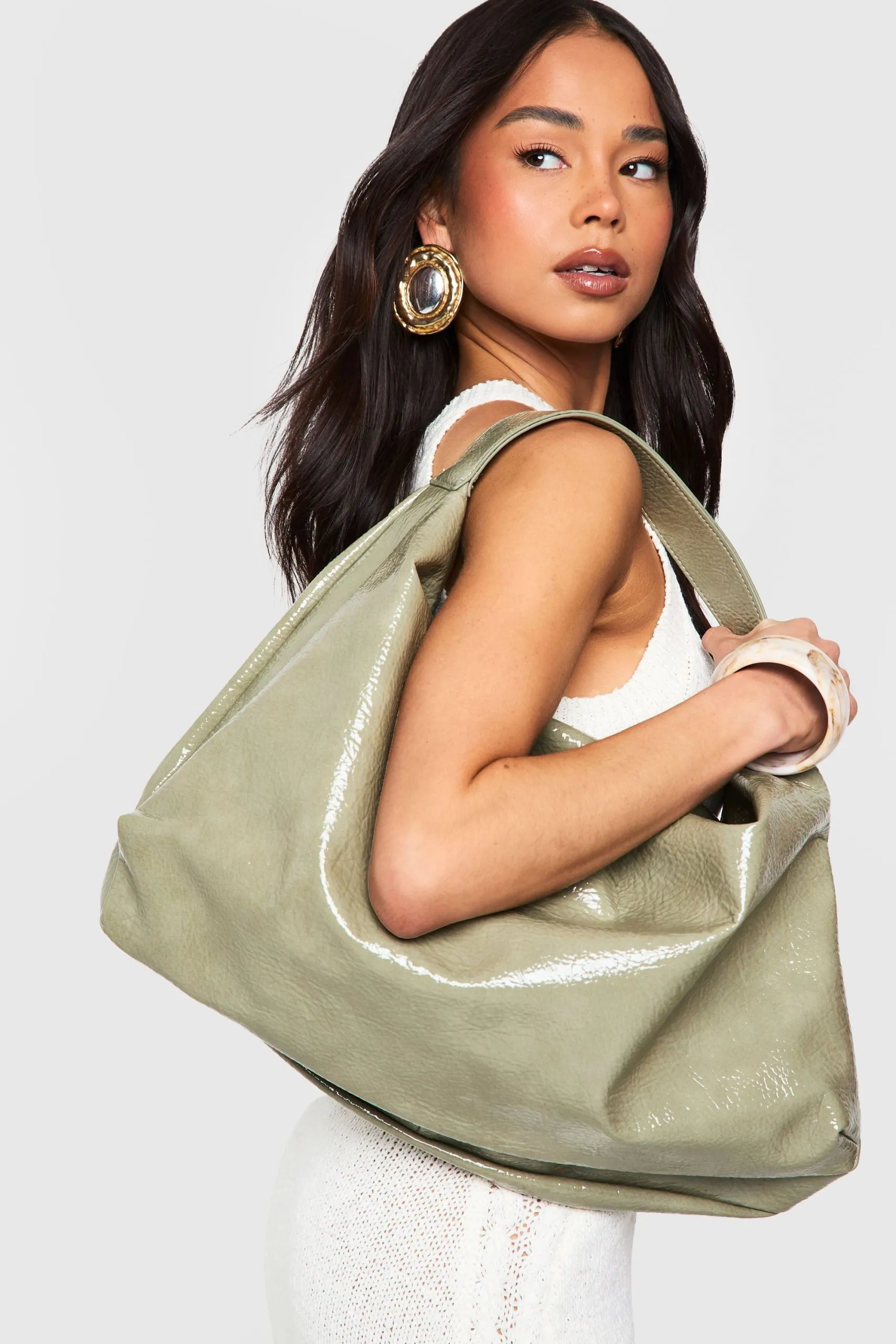 Textured Patent Slouchy Shoulder Bag
