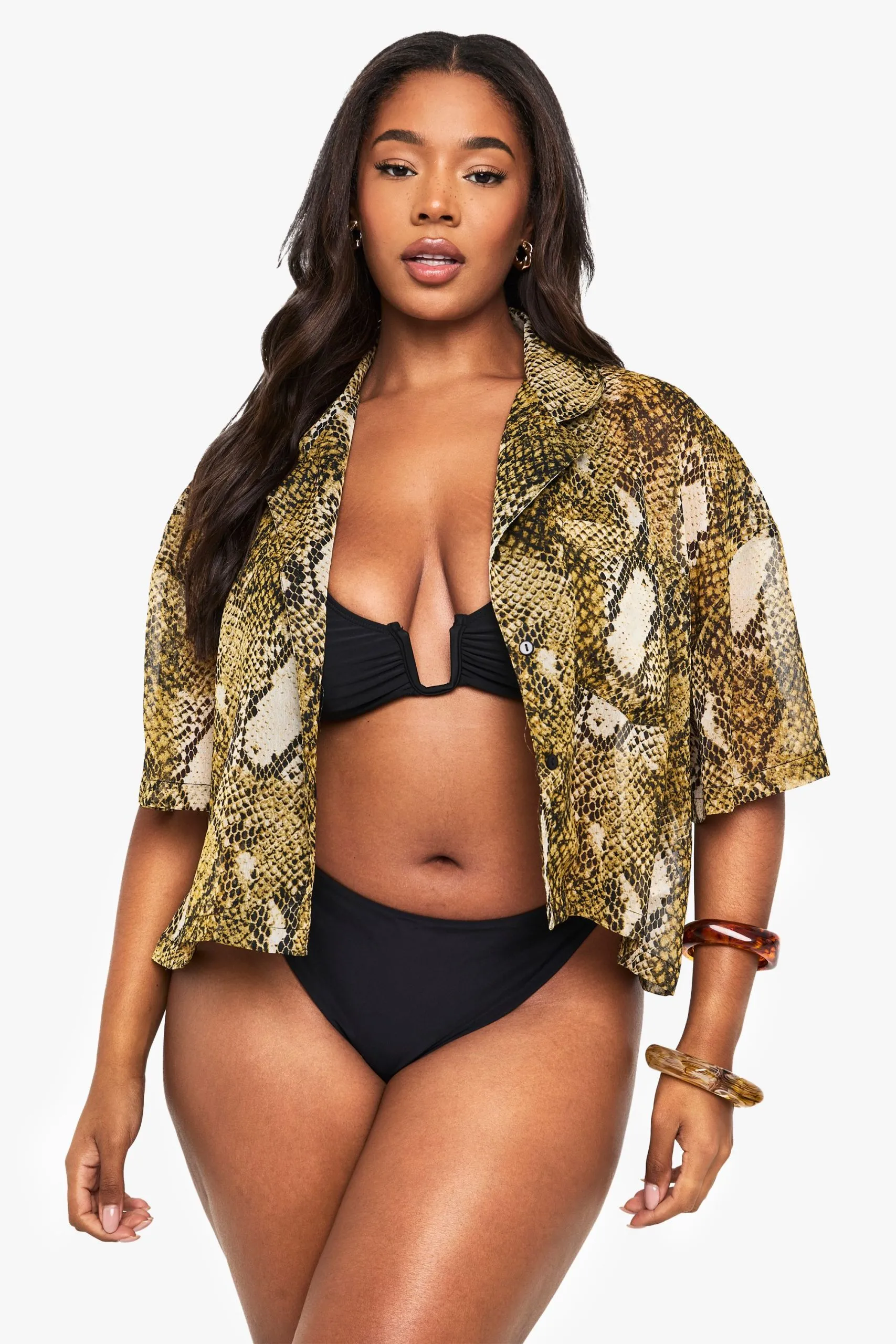 Plus Beachwear Essentials Snake Print Cropped Shirt