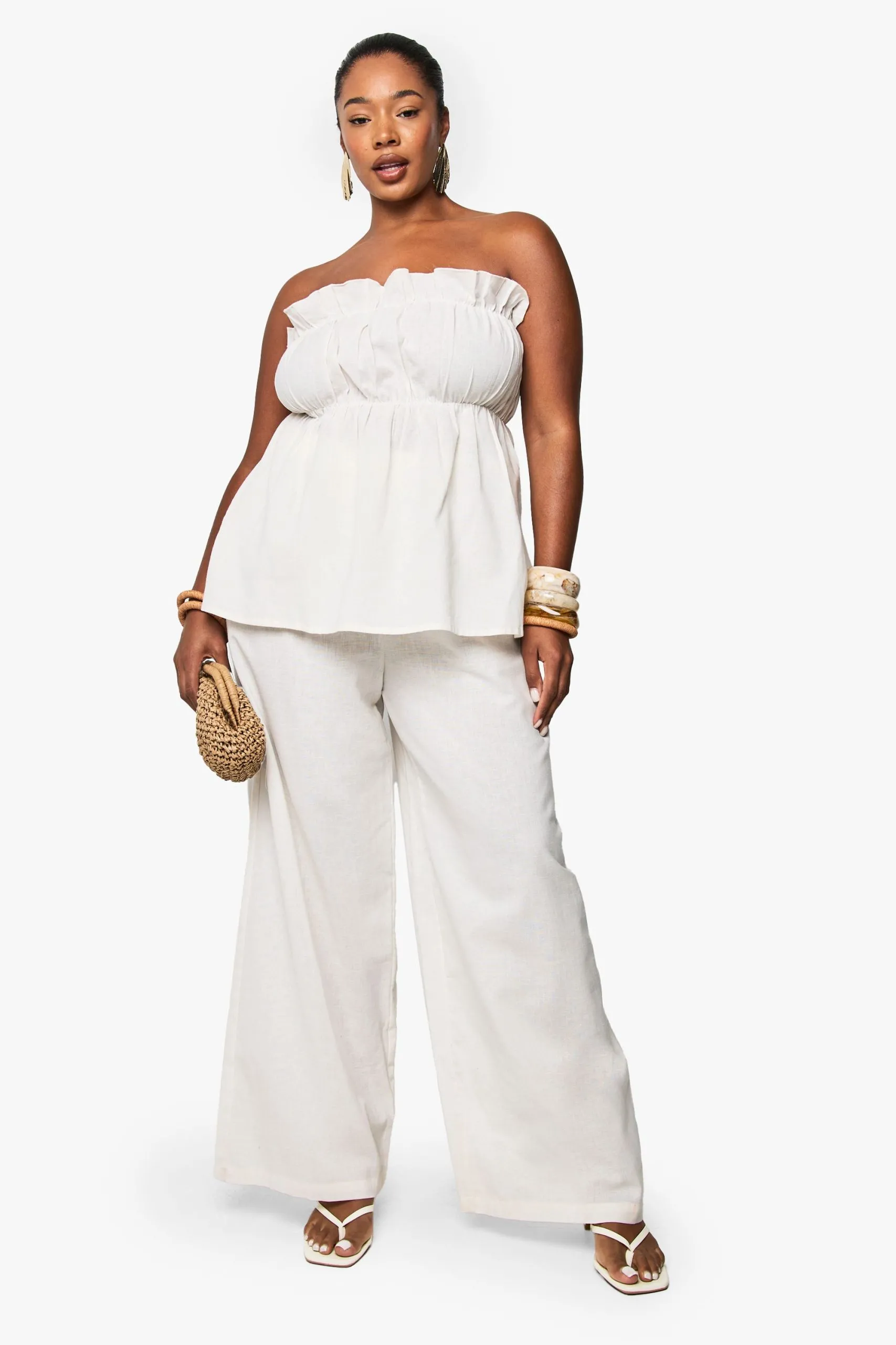 Plus Linen Look Longline Bandeau And Wide Leg Trouser Co-Ord