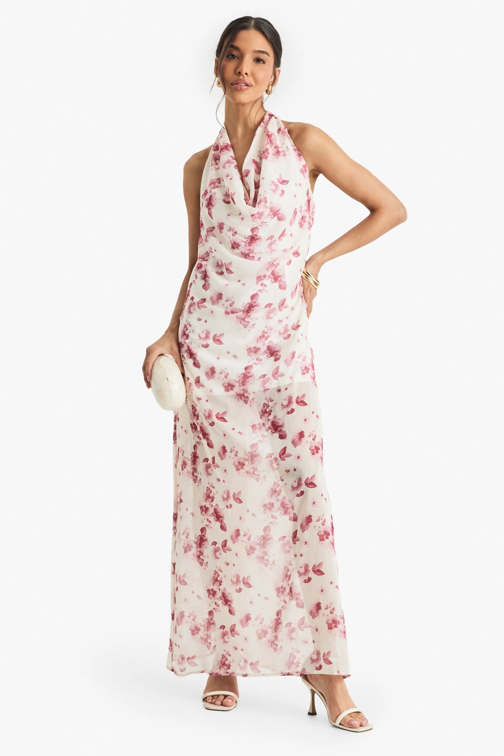 Crinkle Chiffon Cowl Neck Maxi Dress