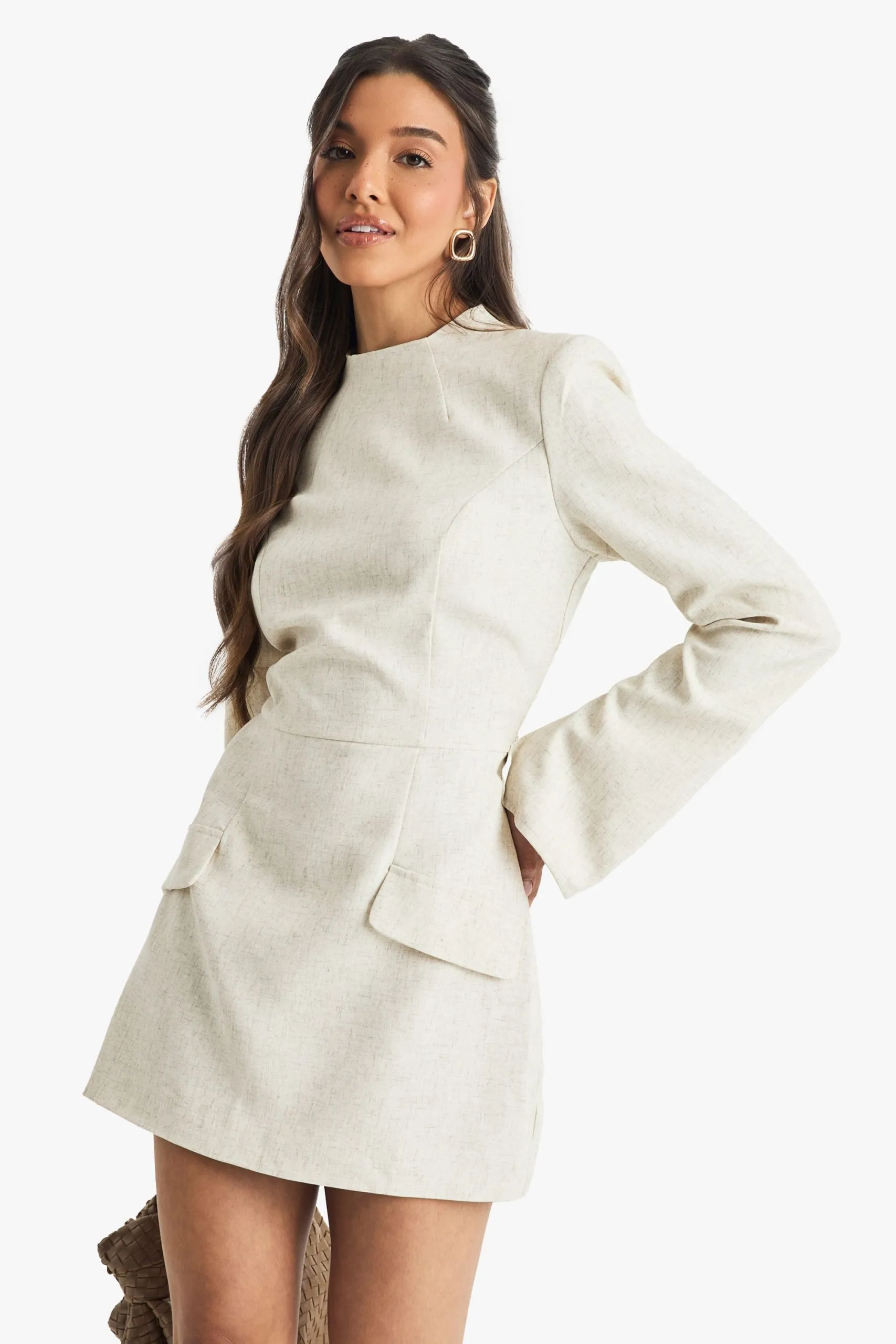 Premium Tailored Linen Look Flare Sleeve Tailored Mini Dress