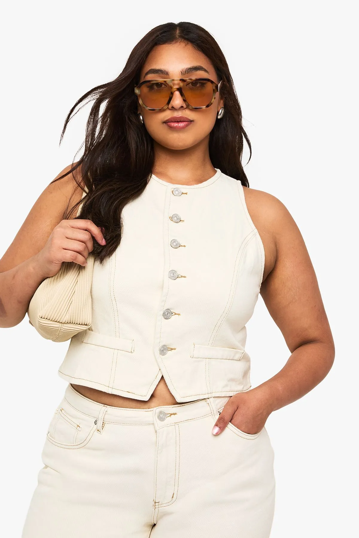 Plus Ecru High Neck Denim Waistcoat