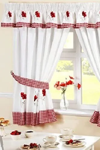 Poppies Floral Taped Curtains With Tie Backs