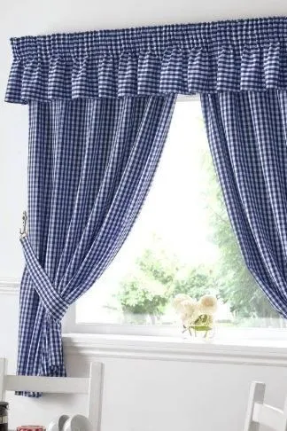 Gingham Blue Checkered Taped Curtains With Tie Backs