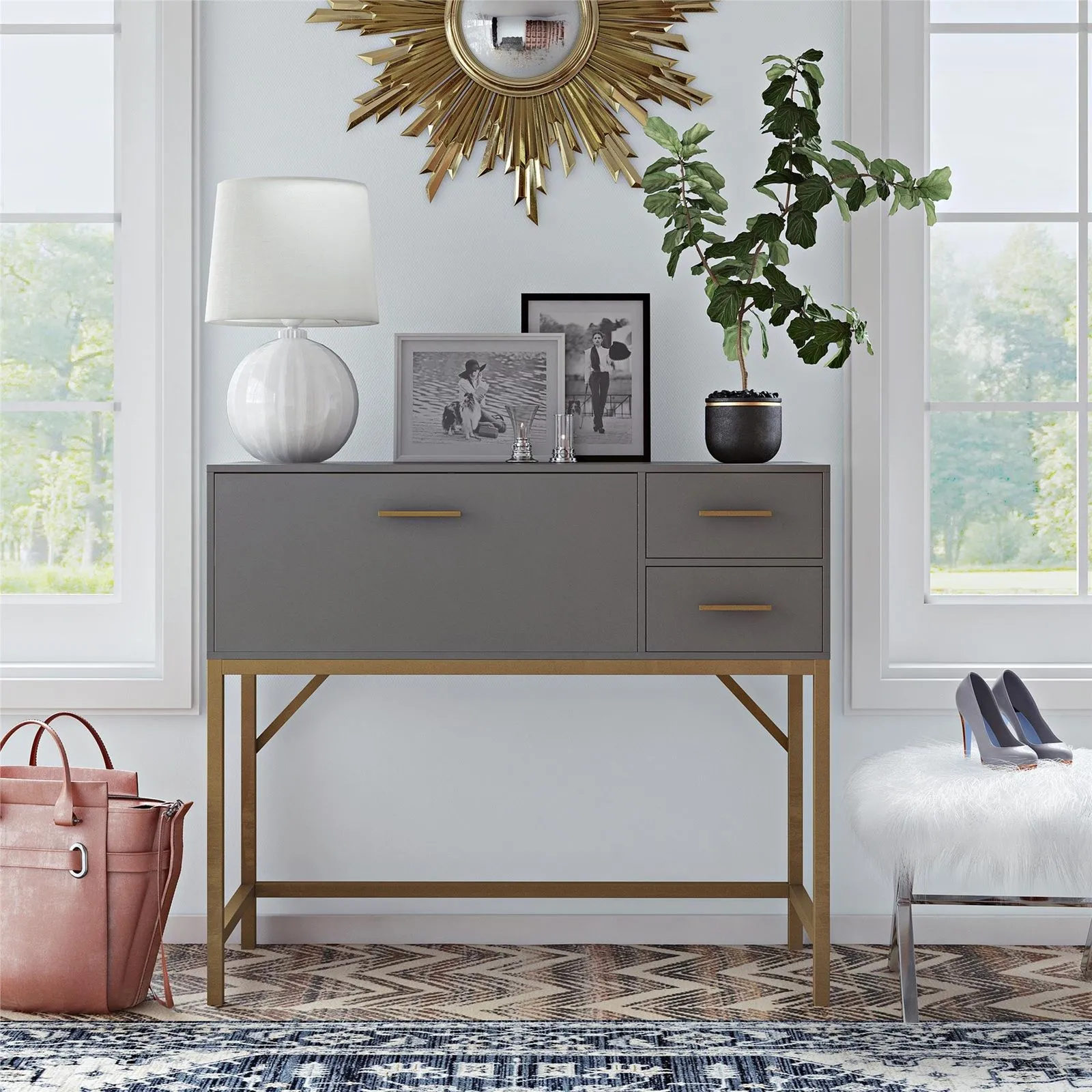 Wooden Grey Lennon Console Bar Table Desk Unit With Drawers