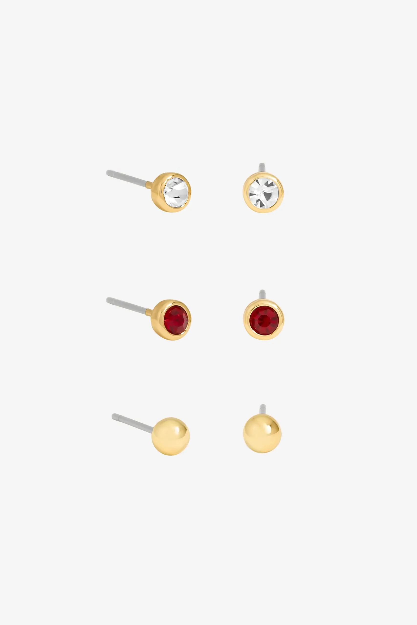 Gold Polished Crystal & Burgandy Stud Earrings - Pack of 3