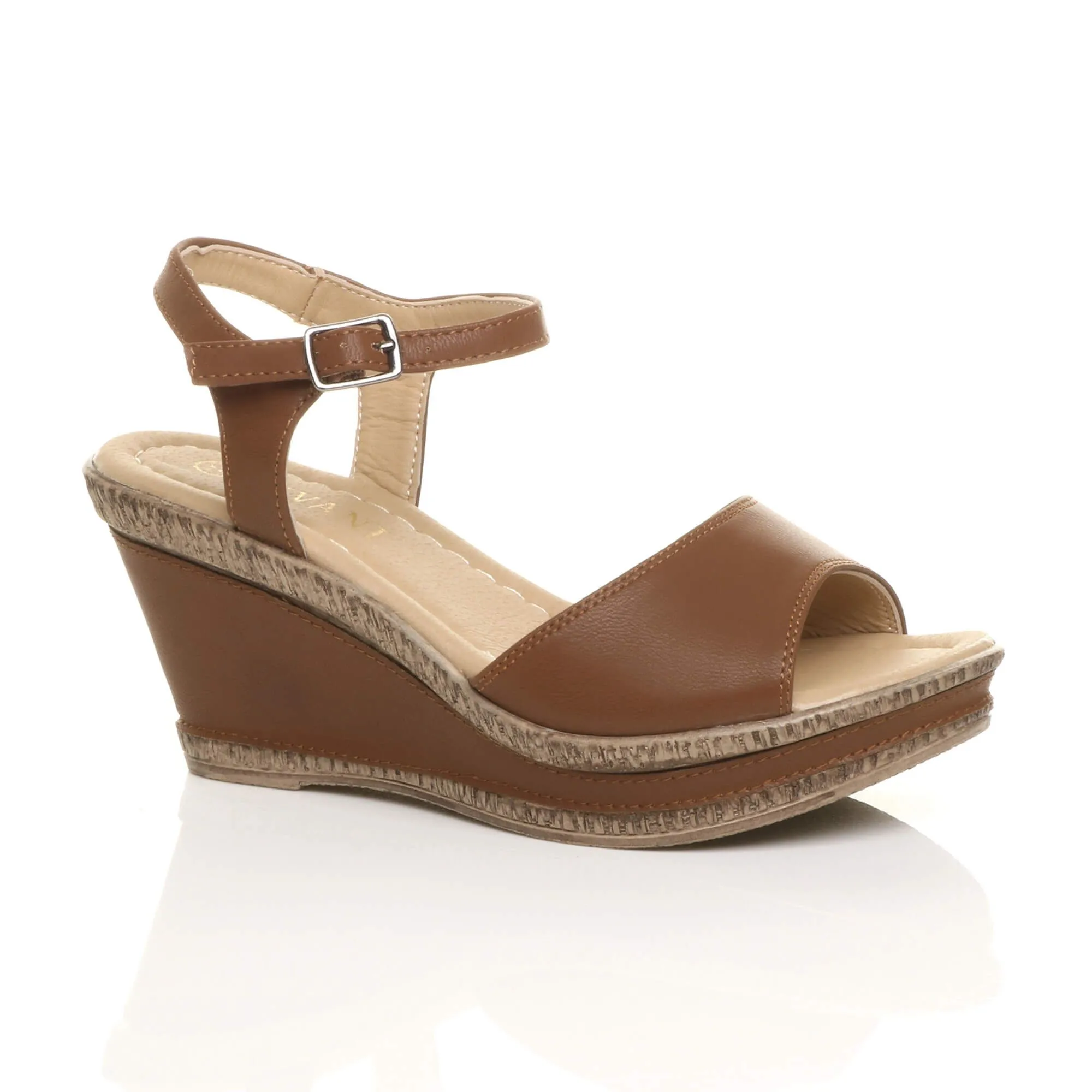 High  Heel Ankle Strap Cork Sandals Faux Leather Wedges