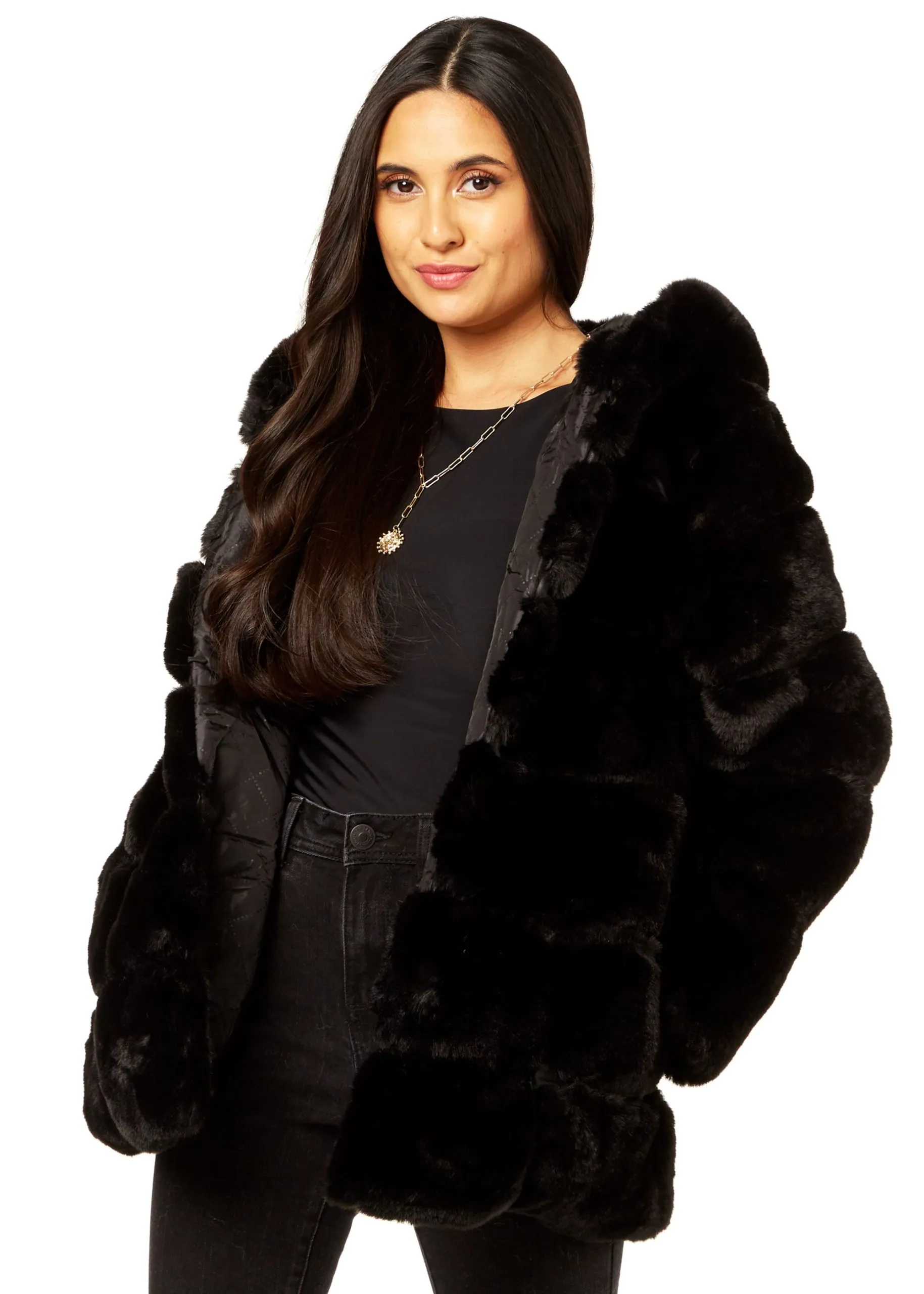 Black Horizontal Cut Fur Hooded Jacket