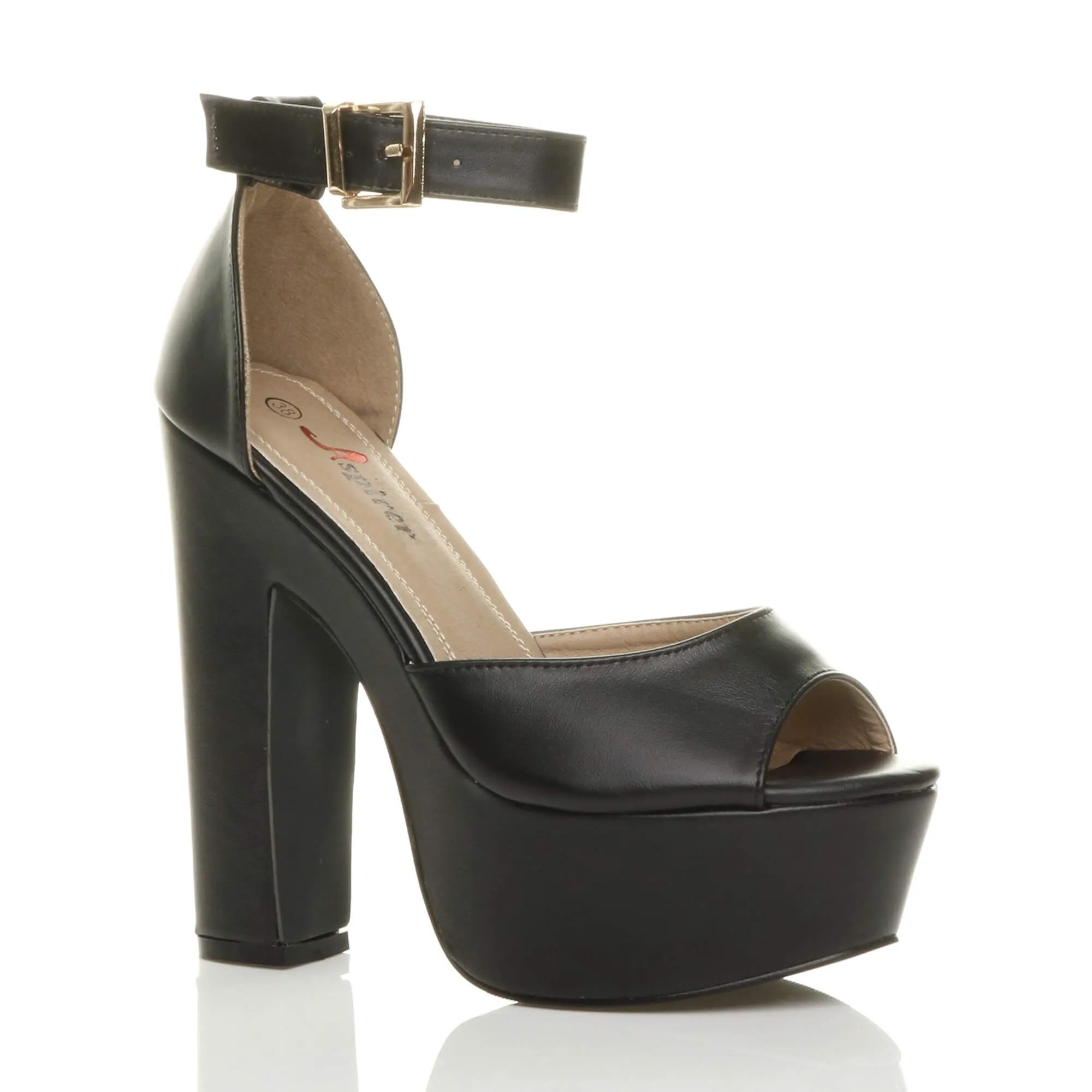 High Block Heel Ankle Strap Peep Toe  2 Part Heels